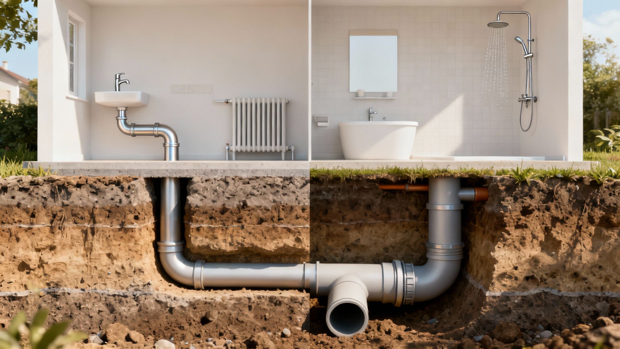 En VVS-installatør arbejder på et rør, mens en kloakmester inspicerer et kloakdæksel