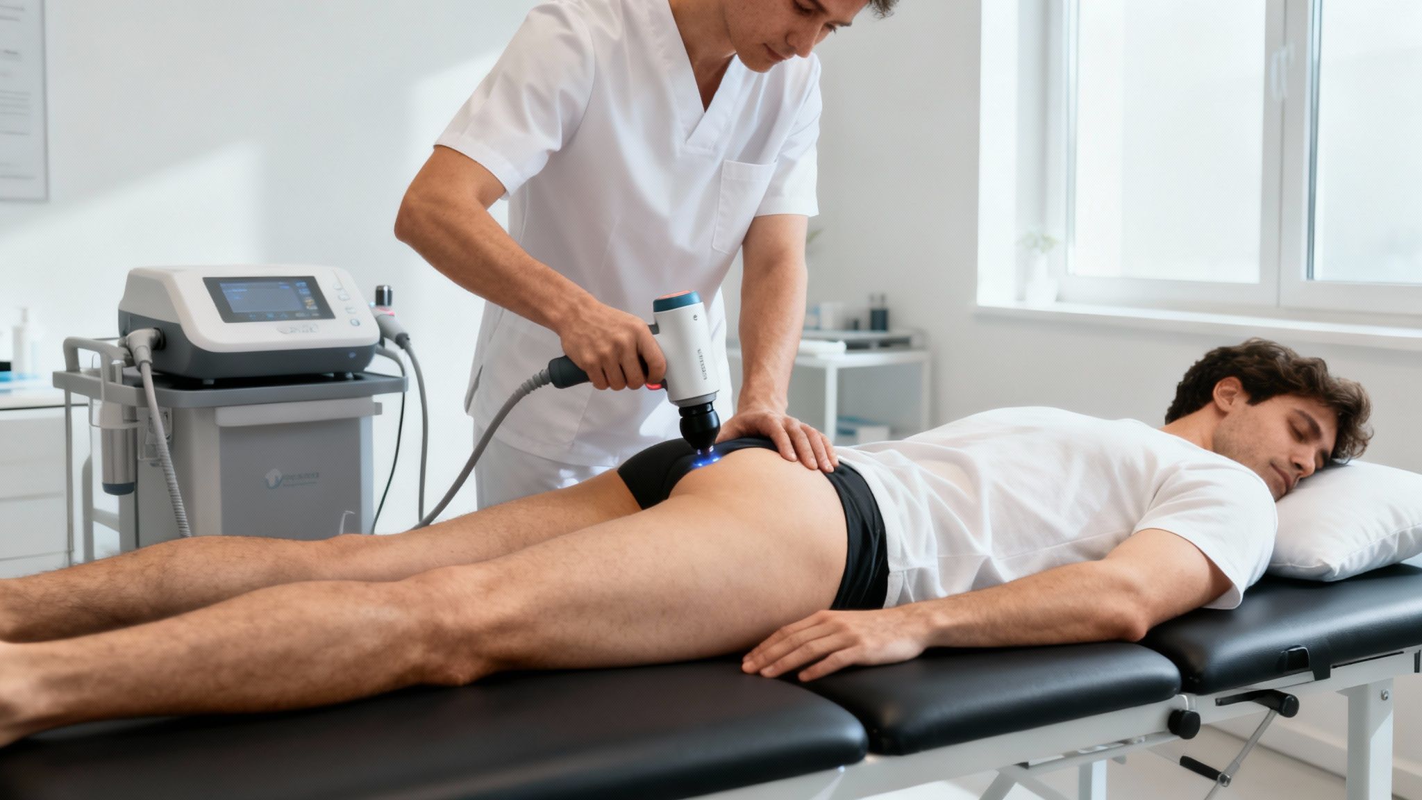 En mandlig terapeut udfører fysisk behandling med et medicinsk apparat på en patients hofte, der ligger på en briks.