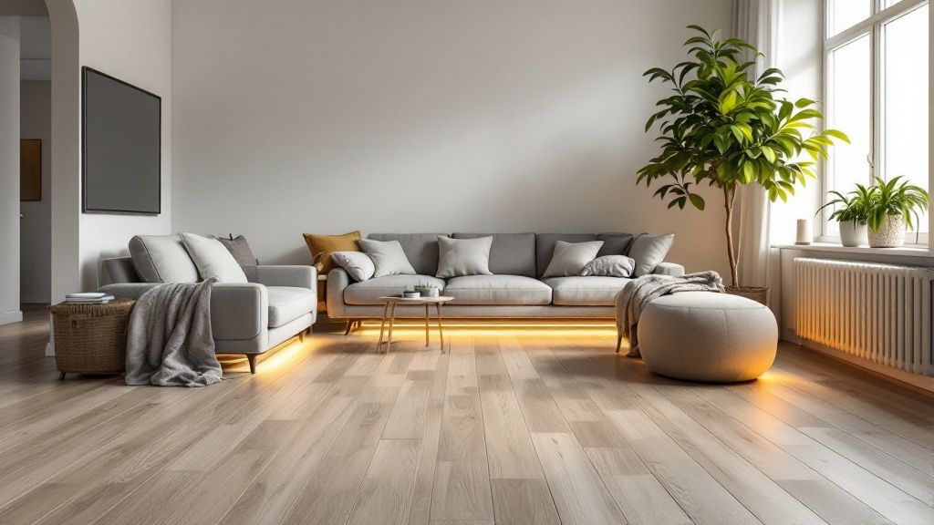 Moderne stue med lyst trægulv og gulvvarme