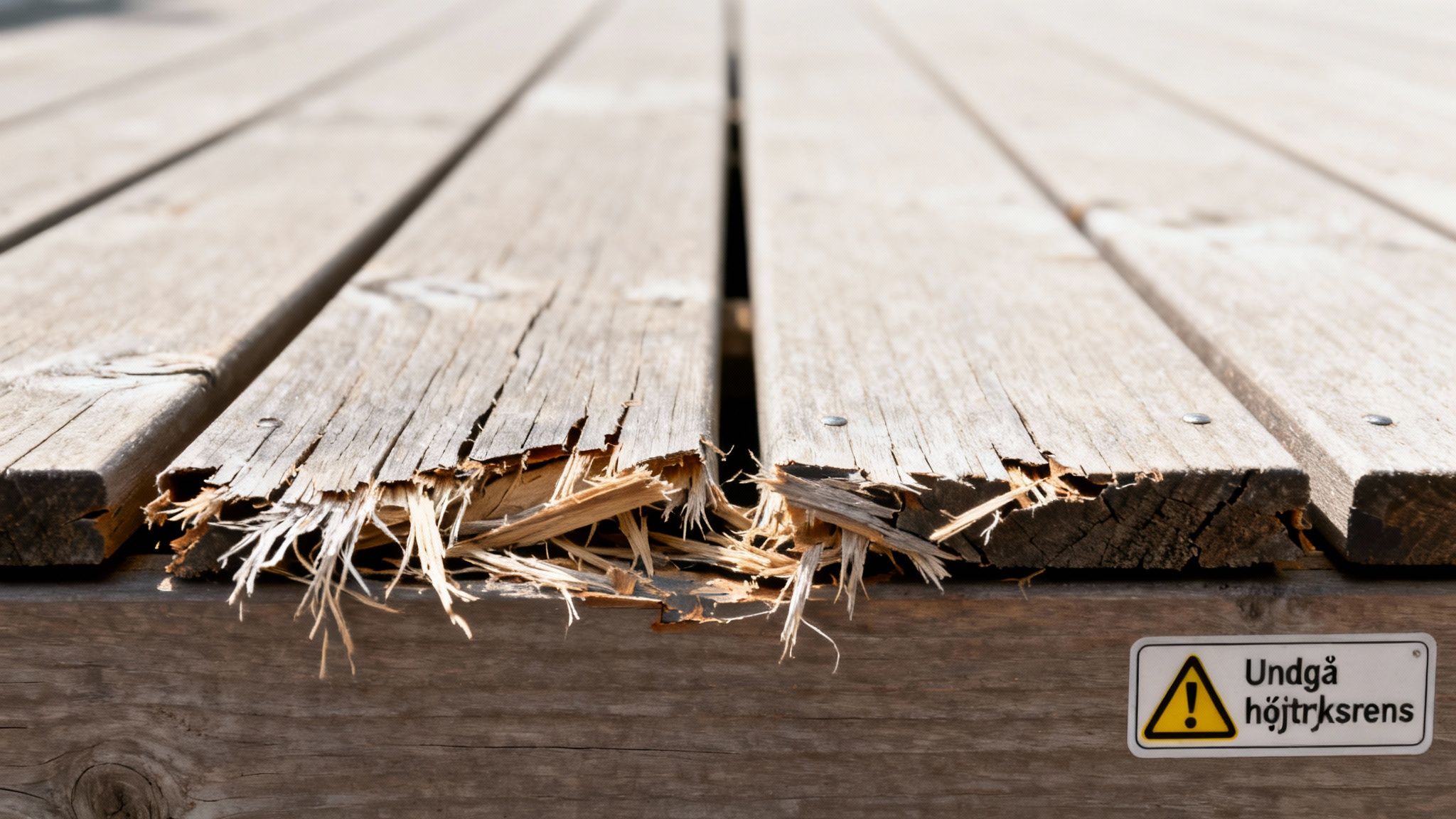 Nærbillede af ødelagte træplanker på en terrasse, med synlige flosser og en advarsel om højtryksrens.