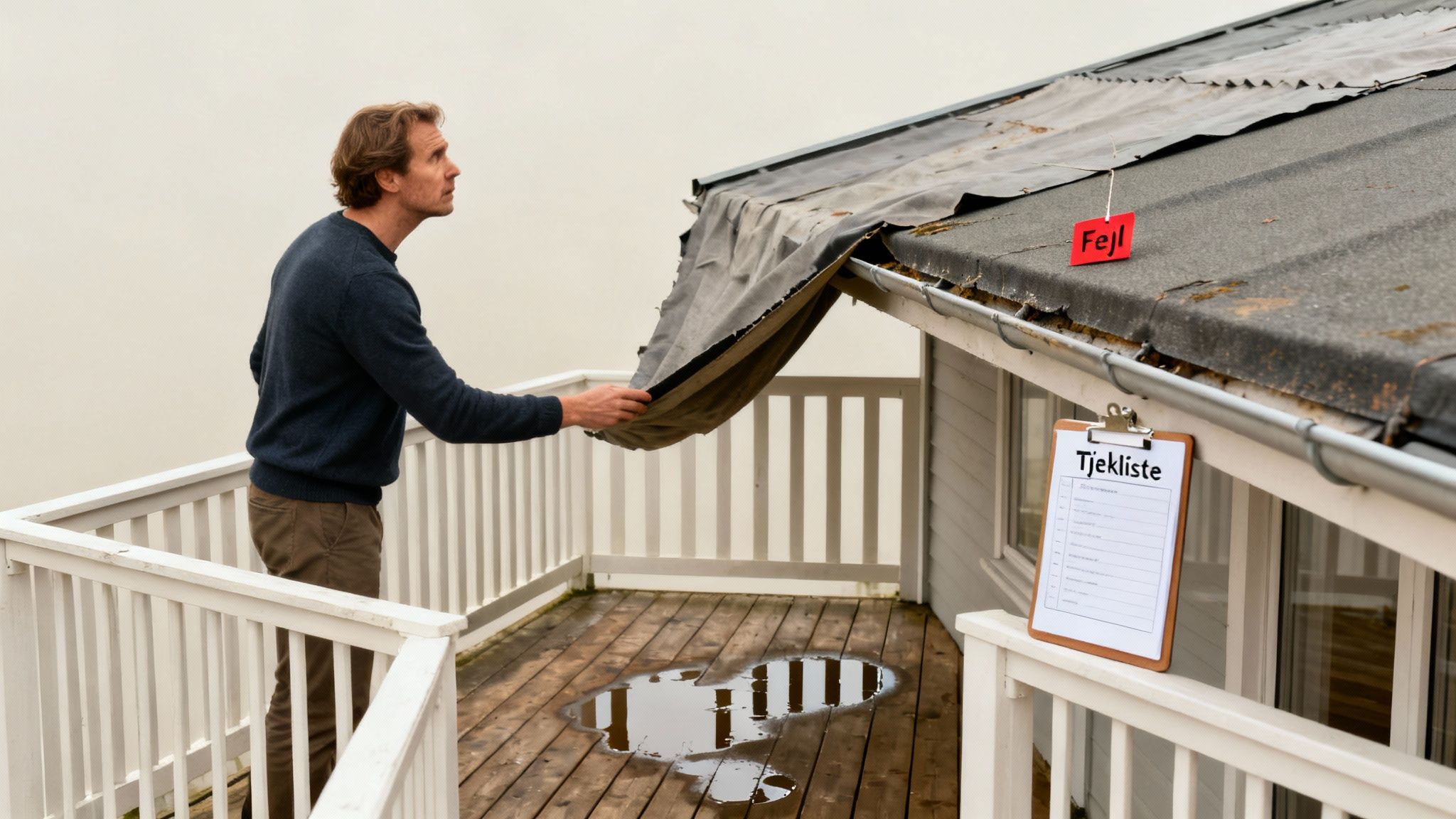 Mand inspicerer et utæt tag på en overdækket terrasse med vandpytter og et 'Fejl'-skilt.