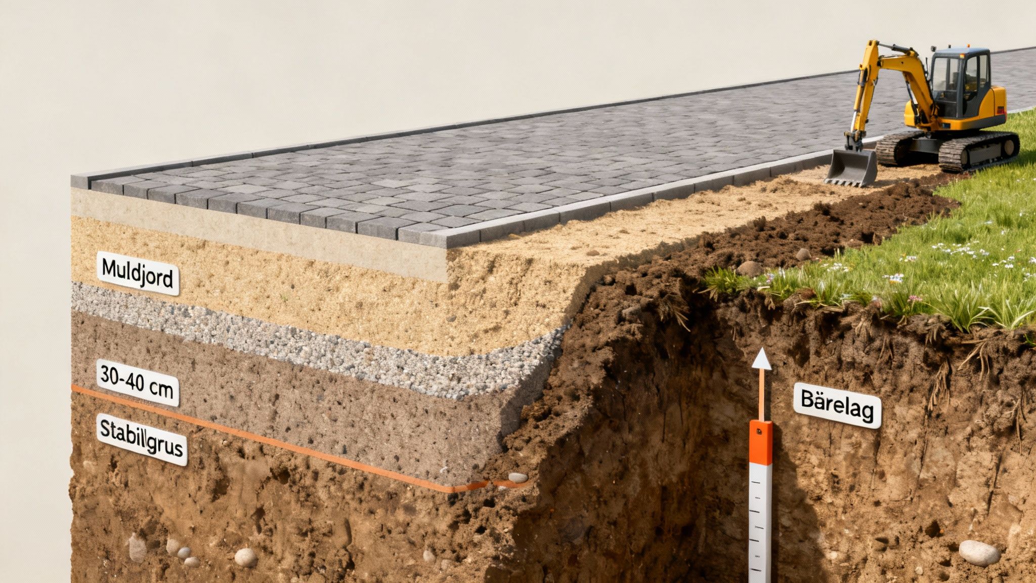 Illustration af opbygning af brolagt indkørsel med jordlag, stabilgrus og muldjord, samt en gravemaskine.