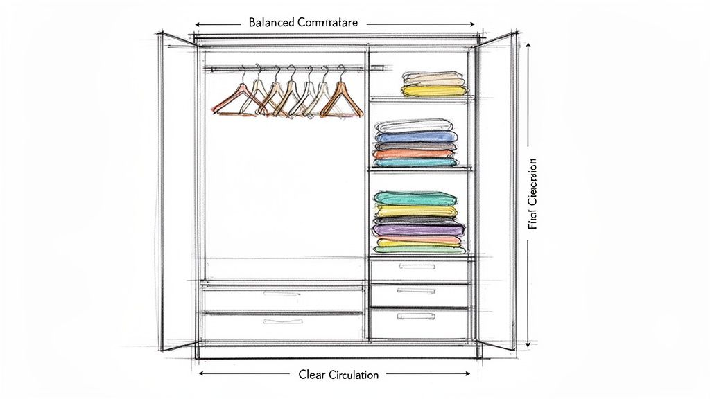 Detaljeret skitse af garderobeskab med forskellige rum til tøj, bøjler og skuffer.