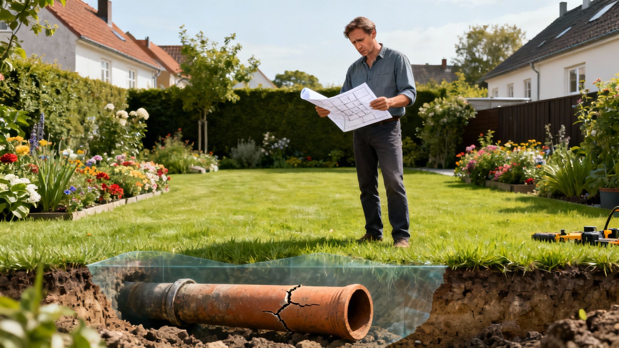Mand inspicerer plan over krakeleret kloakrør under haven, der kræver strømpeforing eller renovering