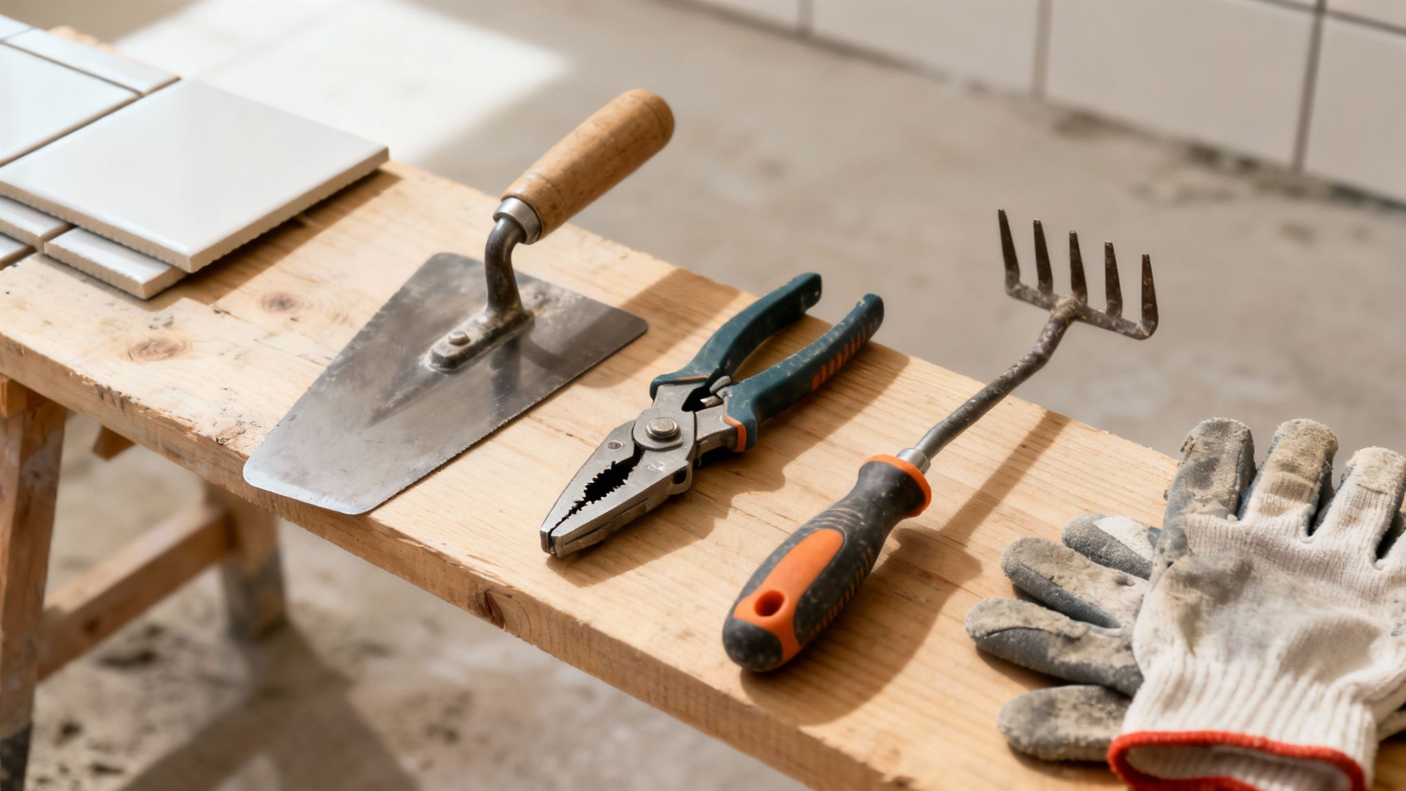 Værktøj på en træplanke inklusive fliser, murske, tang, lille rive og arbejdshandsker.