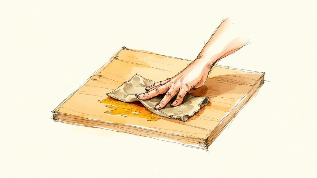 En hånd tørrer eller behandler et træbræt med en klud og olie.