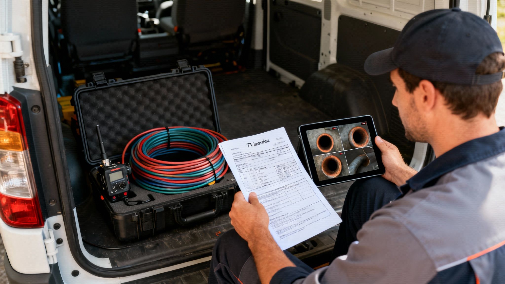 Tekniker i servicevogn med tablet, der viser kloakinspektion, og dokumenter. Professionelt udstyr til TV-inspektion.
