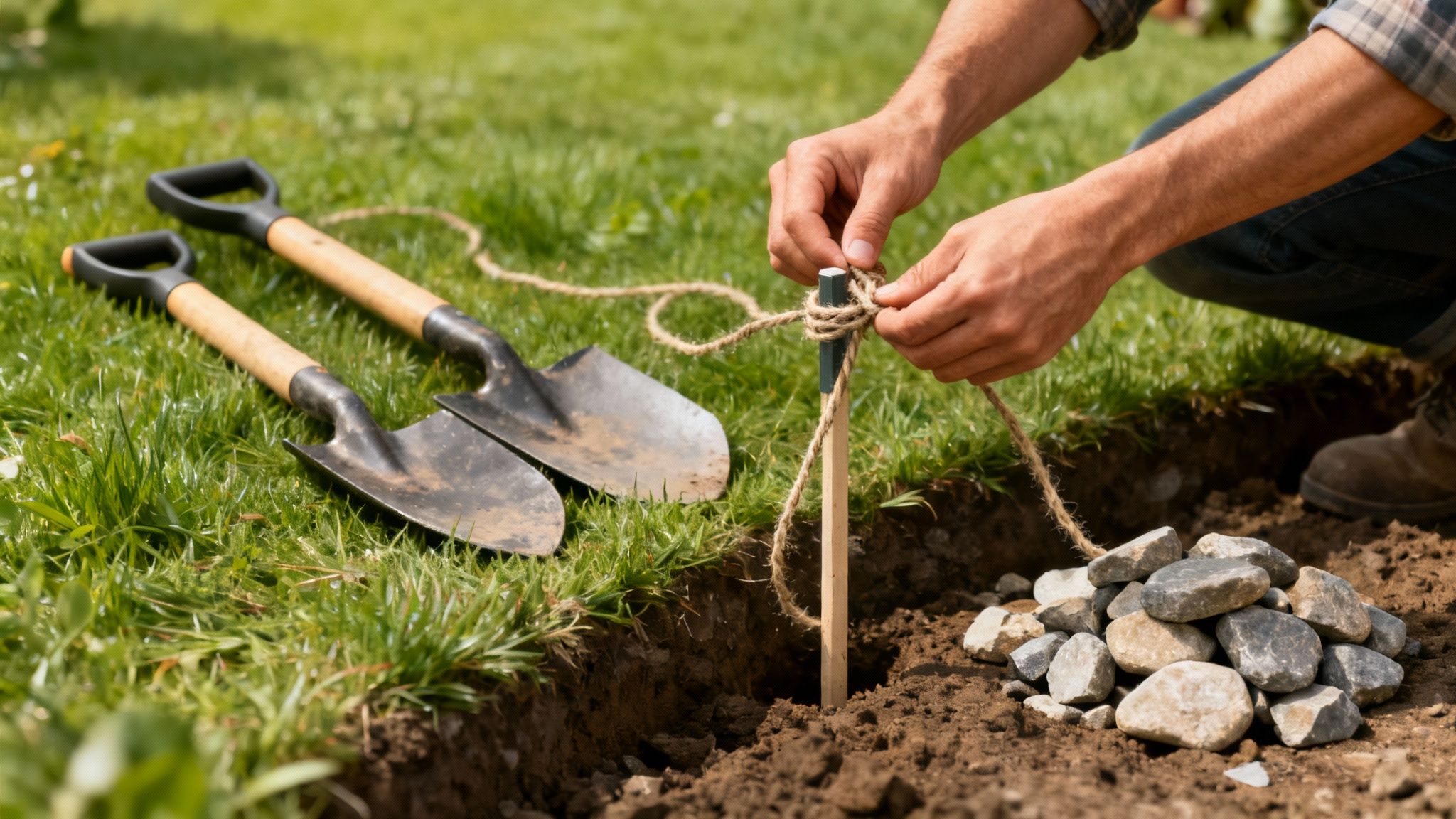 Hænder placerer træpæl med reb i hul til græsplæne udjævning med spader på græs
