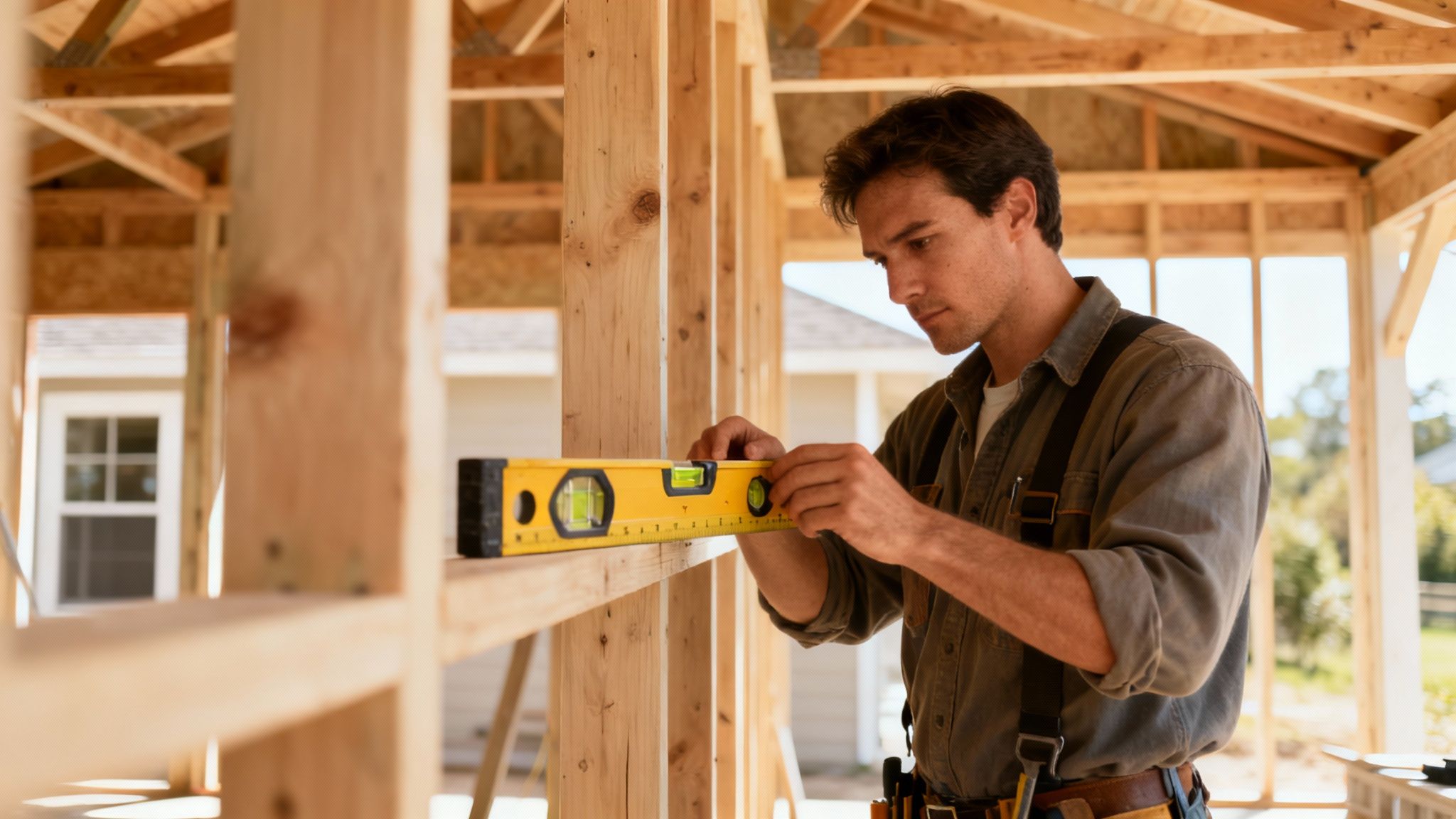 En tømrer i færd med at opbygge et solidt underlag med grus og fiberdug til en træterrasse.