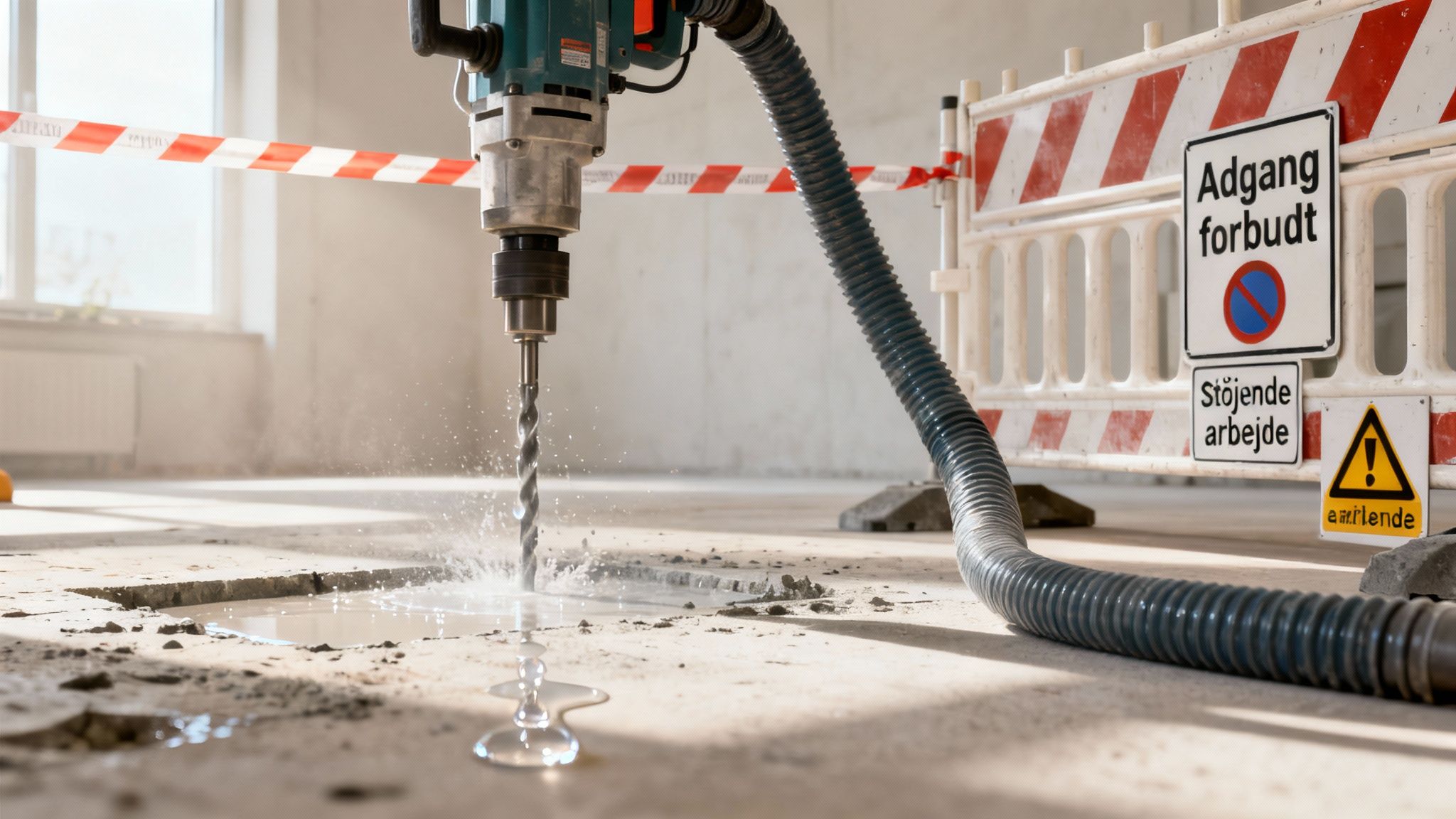 Nærbillede af en diamantbor, der borer ned i vådt betongulv med vandstænk og byggepladsadvarselsskilte i baggrunden.