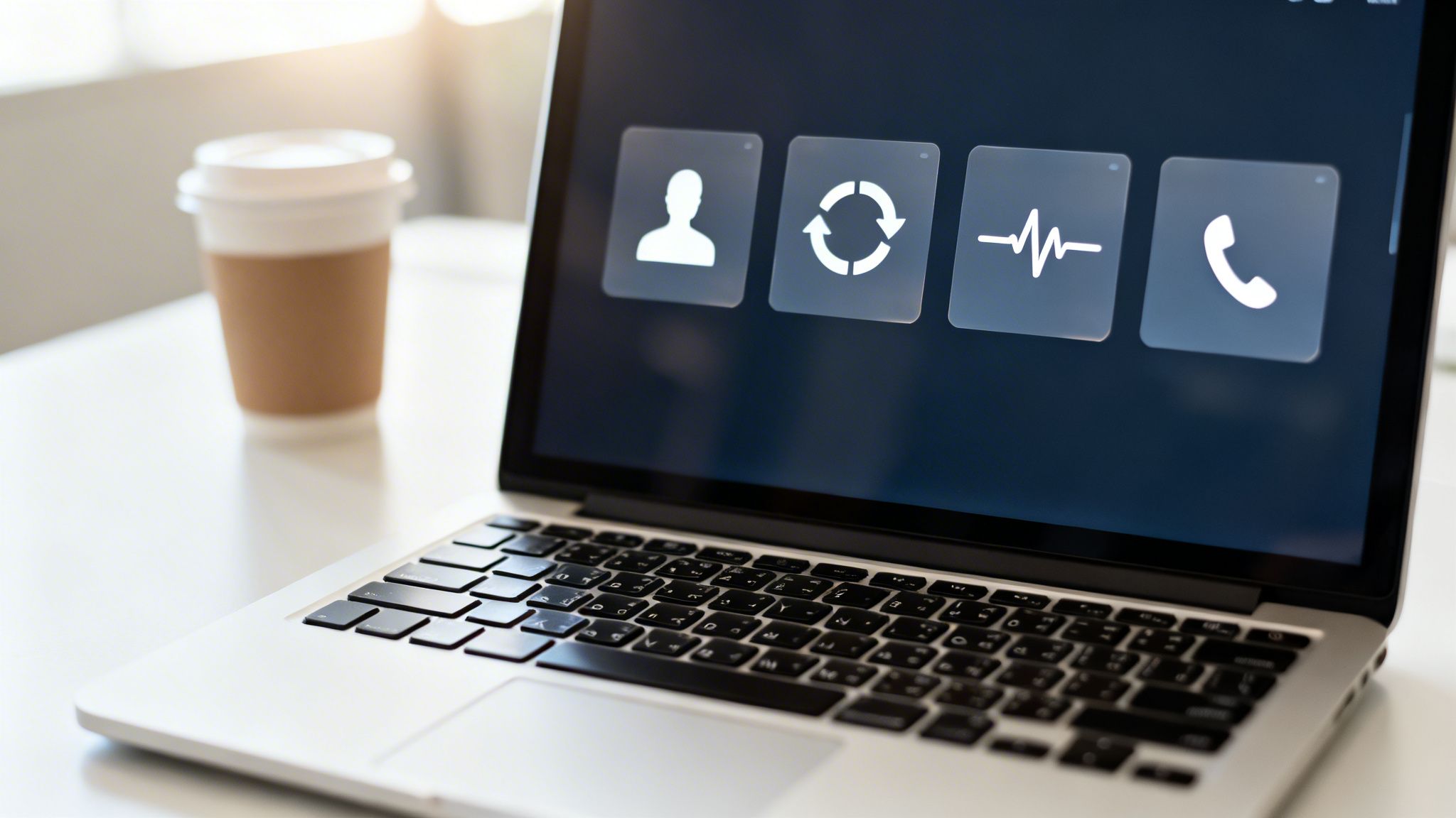 Bærbar computer med ikoner for bruger, genopfrisk, hjerterytme og telefon, samt en kaffekop på et hvidt bord.