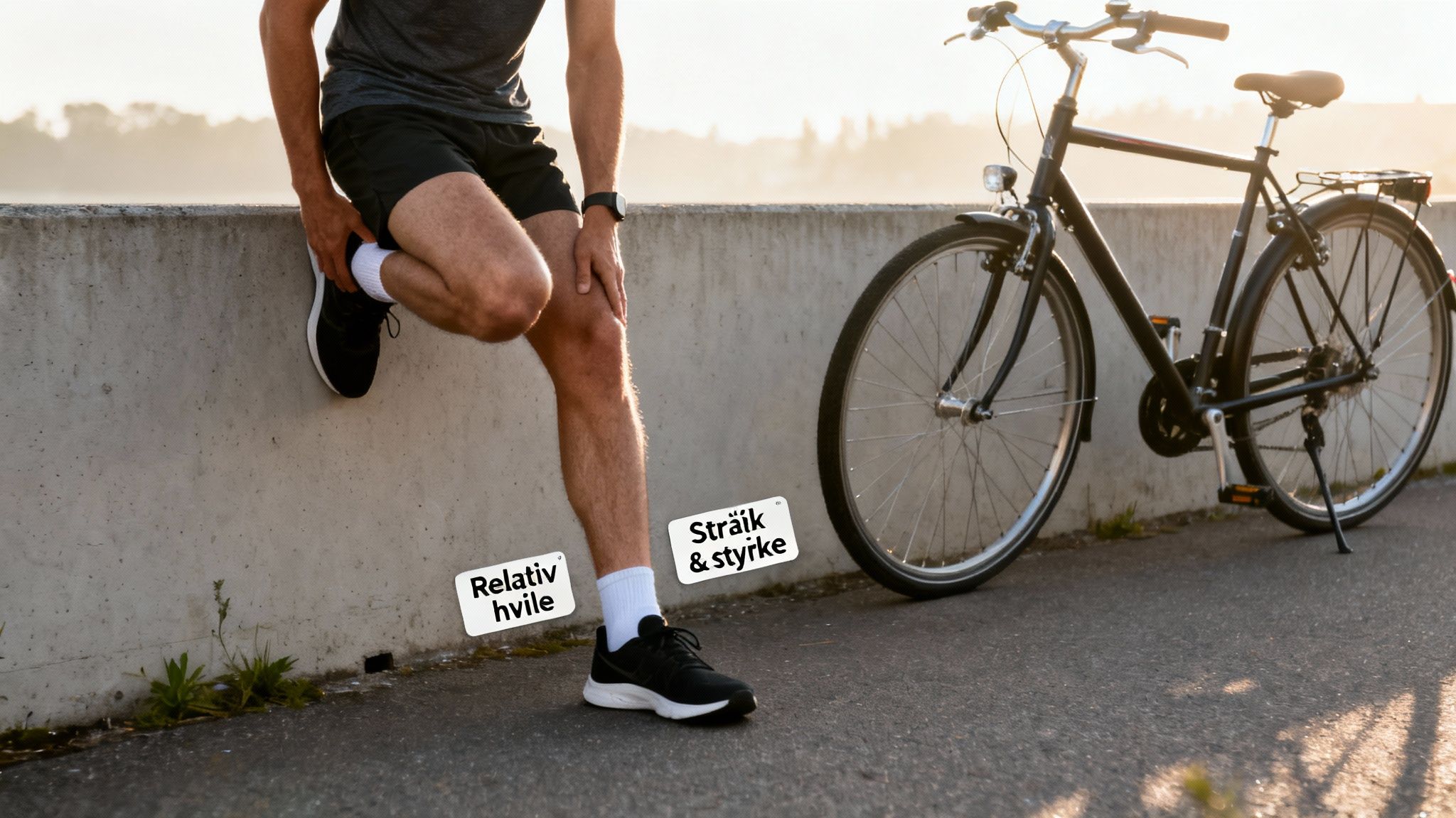 En løber hviler ved en mur med en cykel ved siden af, med tekst om hvile og styrke.