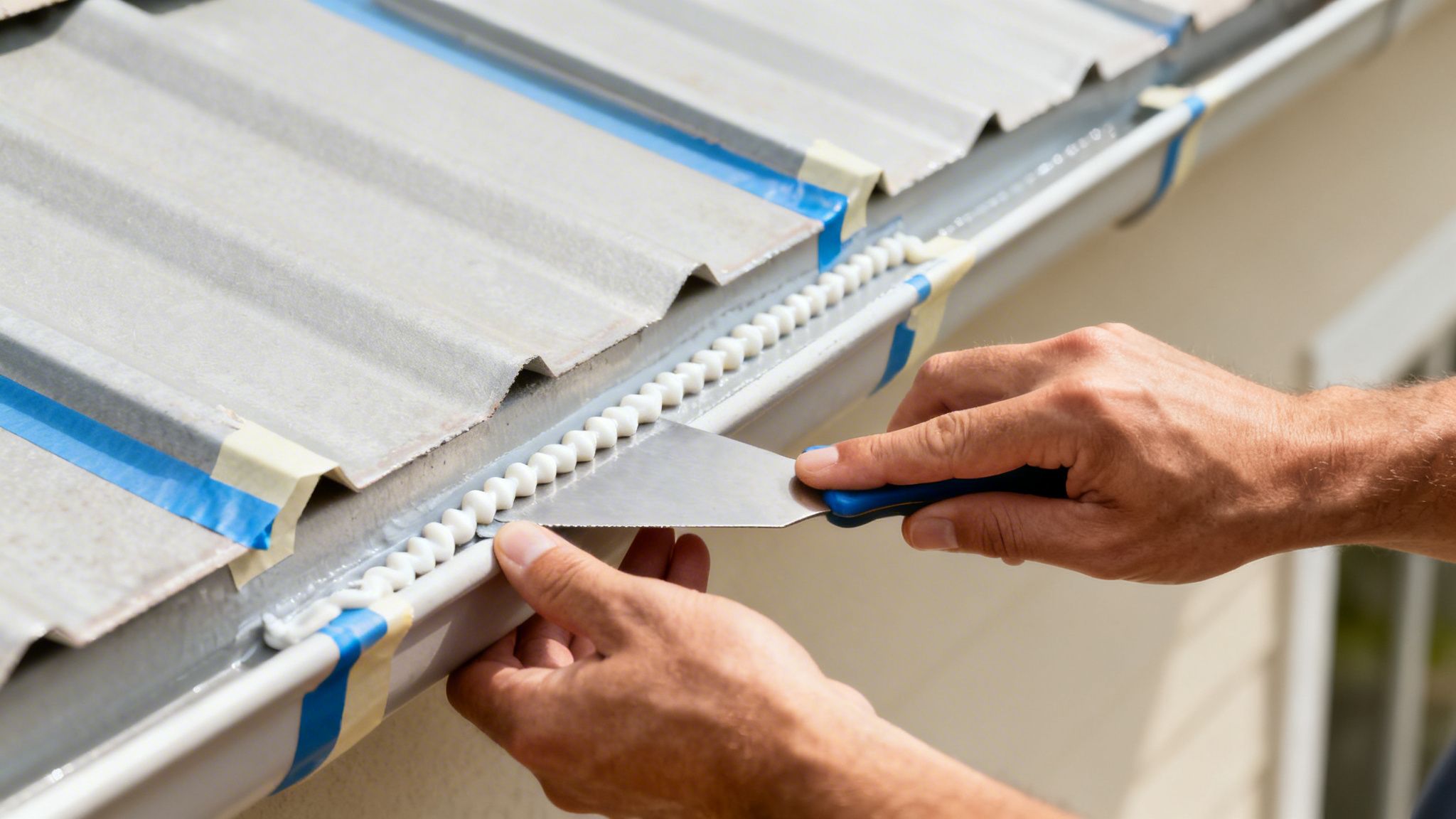 En person tætner en tagrende ved et bølgepap tag med fugemasse og spartel.