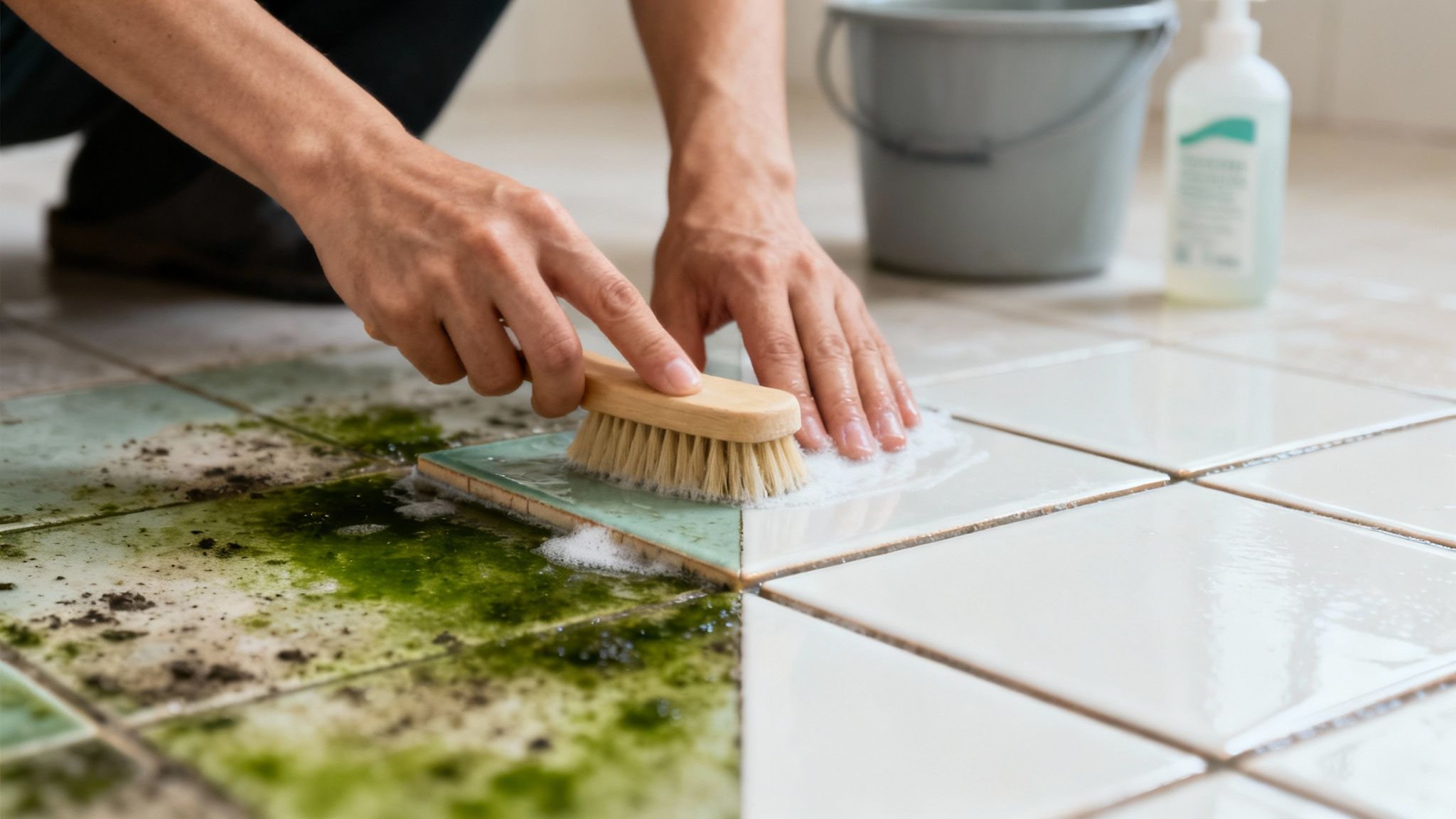 En person renser fliser med en højtryksrenser som forberedelse til imprægnering.