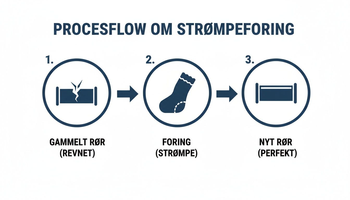 En processtrøm over strømpeforing, der viser et gammelt, revnet rør, derefter foringen (strømpen) og til sidst et nyt, perfekt rør.