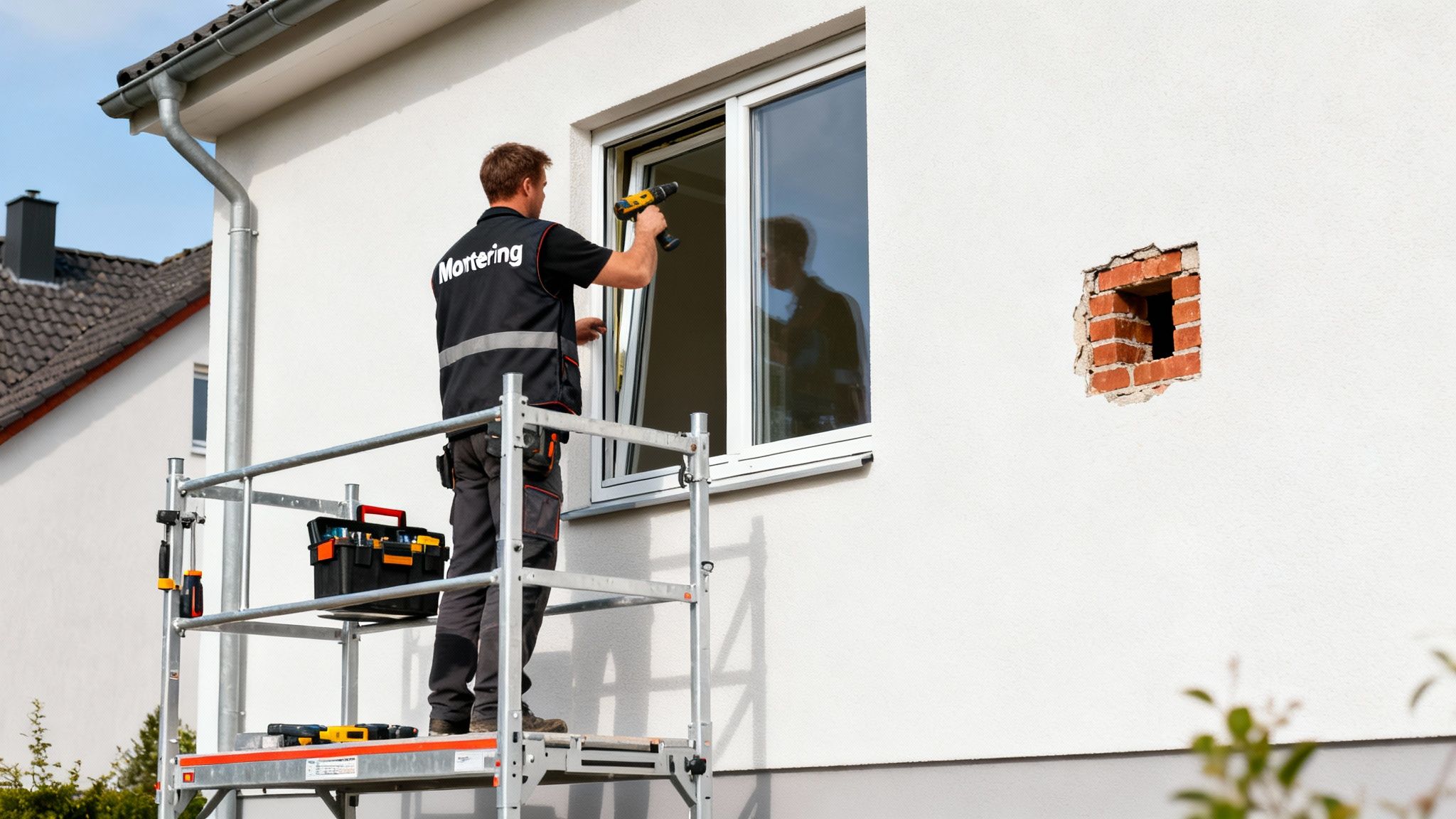 En mand på stillads monterer et nyt vindue i en hvid mur på et hus.