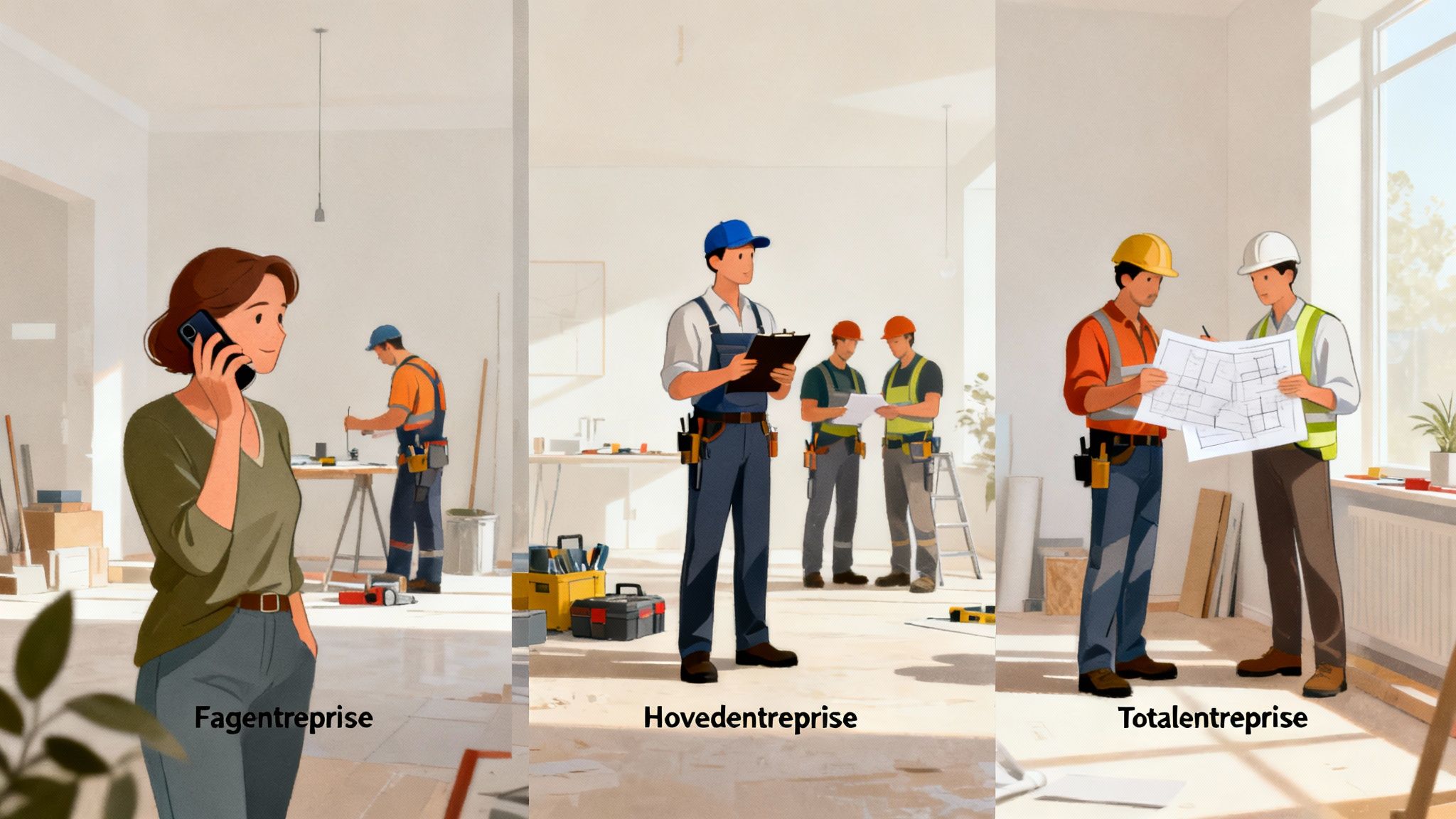Billede af forskellige entrepriseformer: fagentreprise, hovedentreprise og totalentreprise, med håndværkere og en kunde.