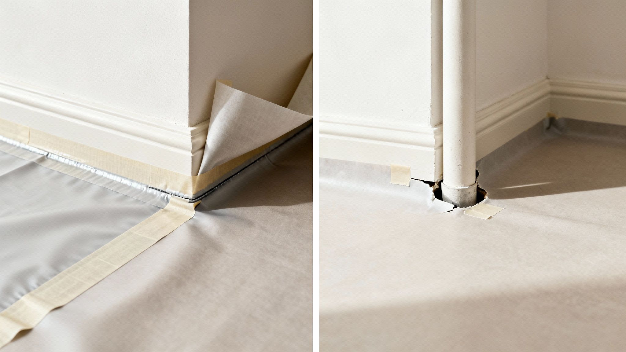 Gulvforberedelse med dampspærre langs væg og rør, fastgjort med tape til tætning.