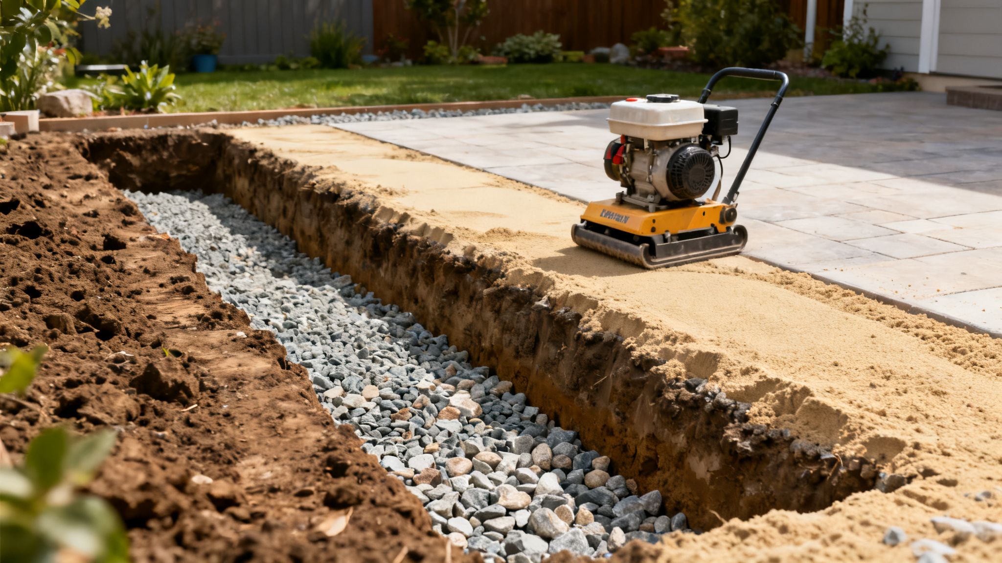 Byggeplads med udgravet grøft, grus og sand, hvor en pladevibrator komprimerer underlaget til fliser.