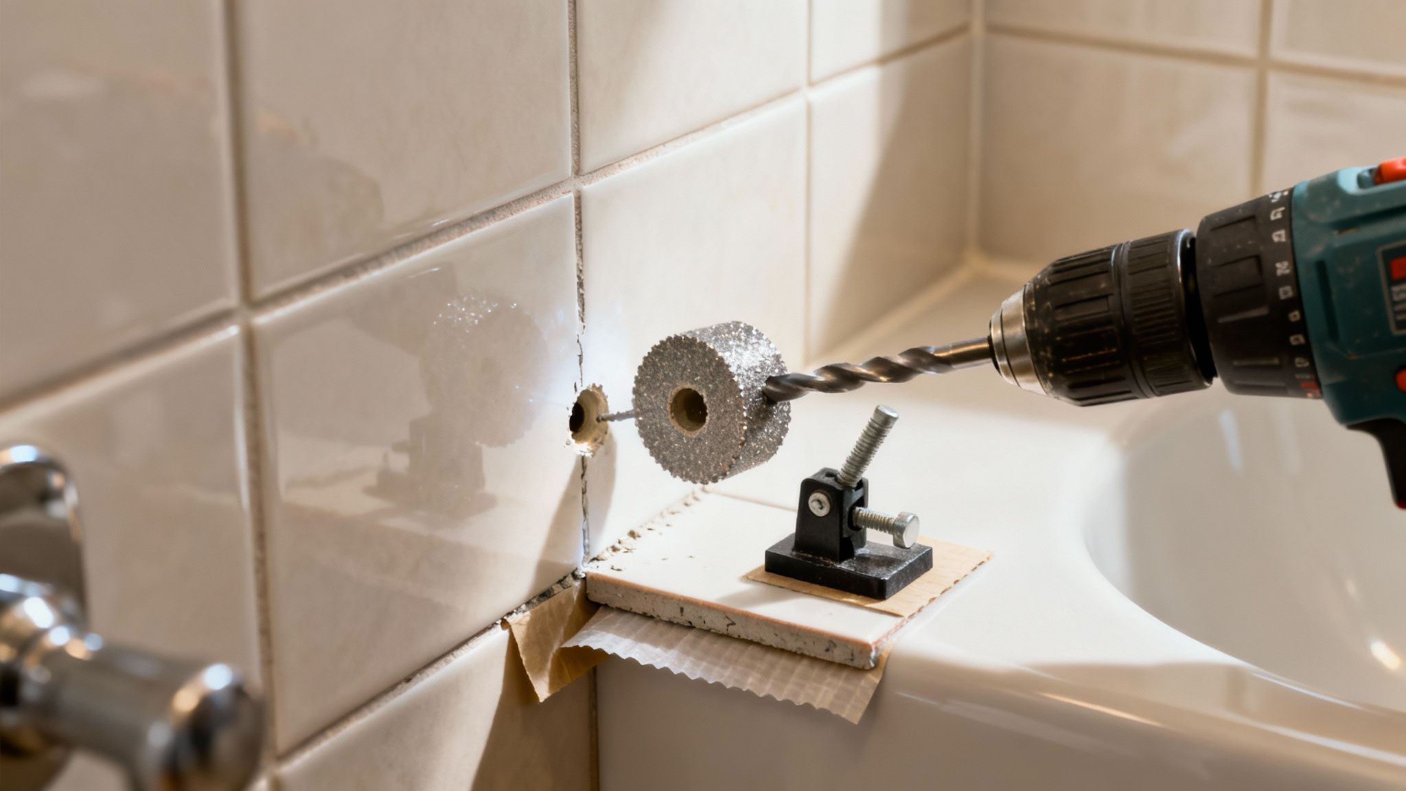 En boremaskine med et diamantbor og boreguide borer et hul i en flisevæg over et badekar.