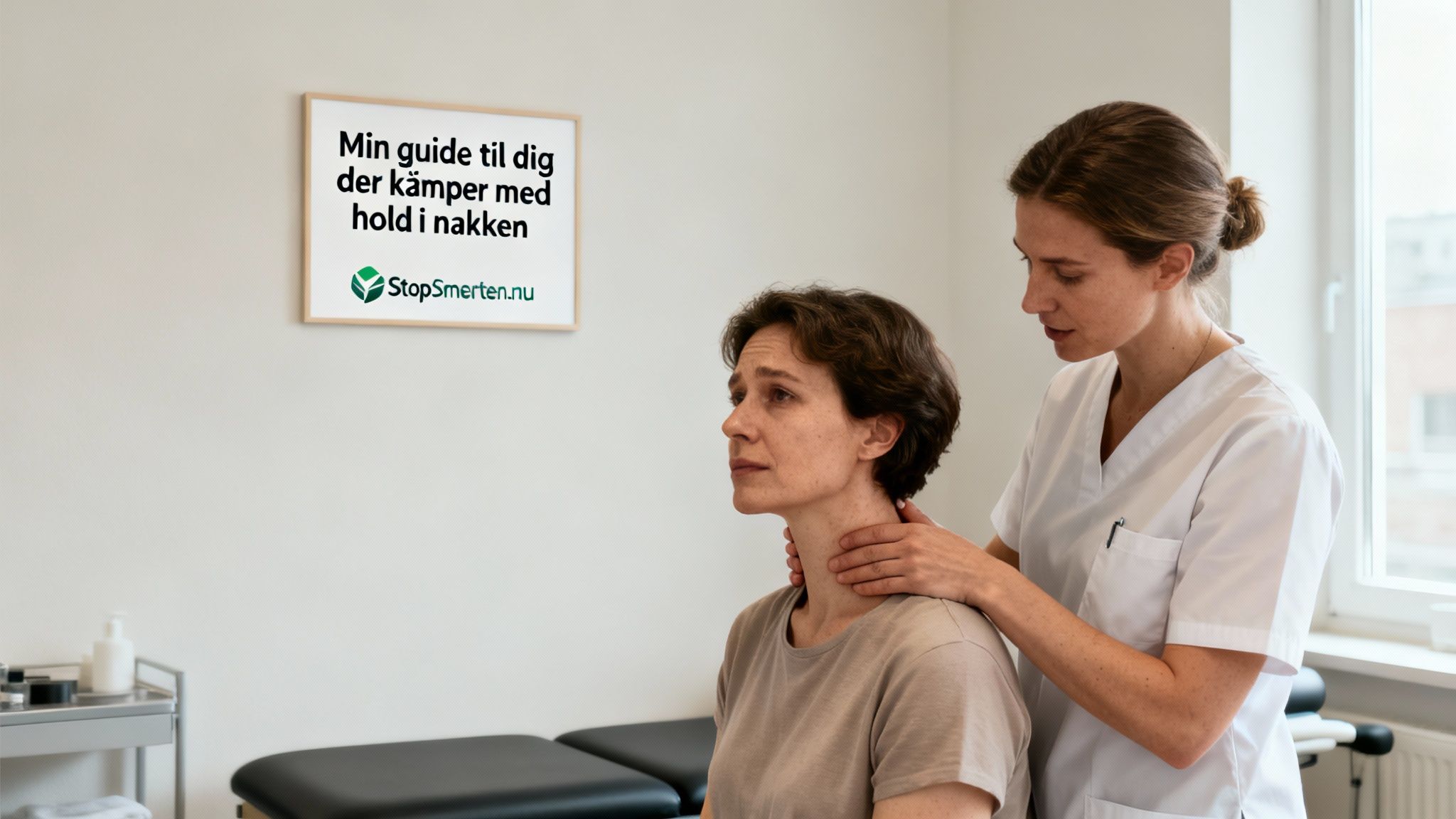 En kvinde får behandling for nakkesmerter af en fysioterapeut på en klinik, med et skilt om nakkevejledning i baggrunden.