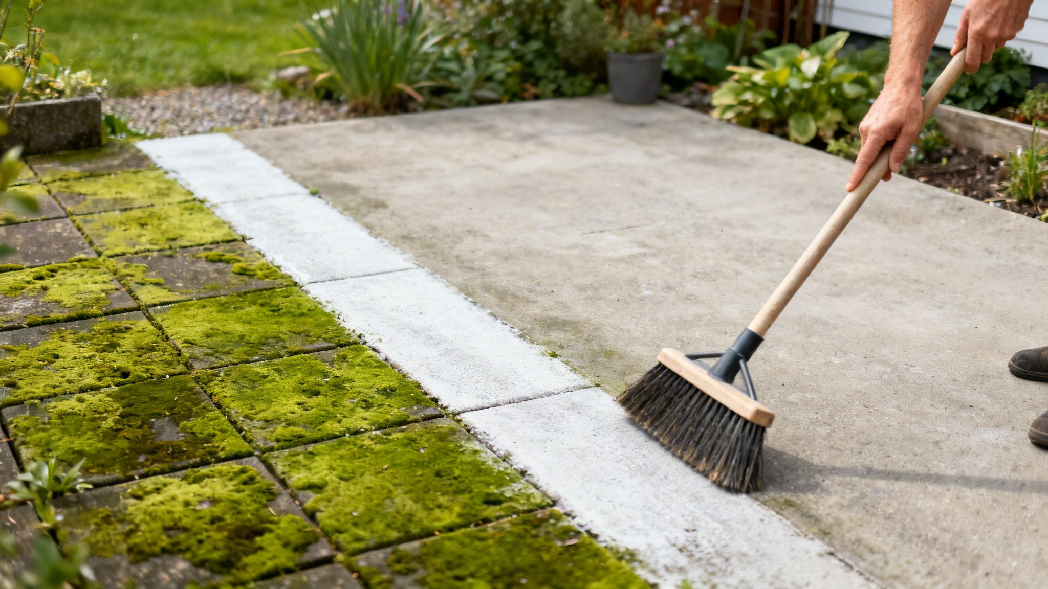 En person fejer mos og alger af fliserne på terrassen, der er halvt renset.