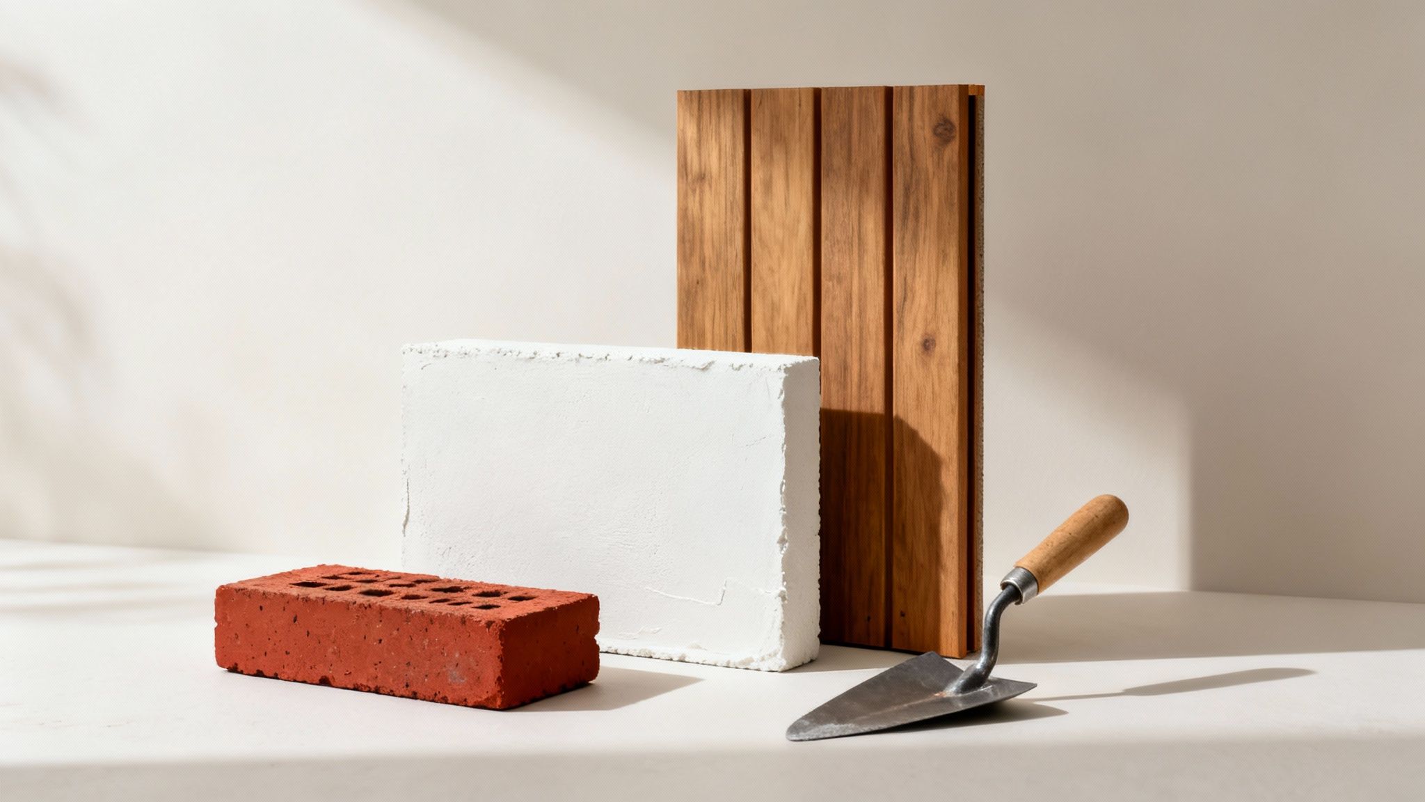 Mursten, hvidt materiale, træpanel og murske på hvid overflade med skygger, klar til facaderenovering.