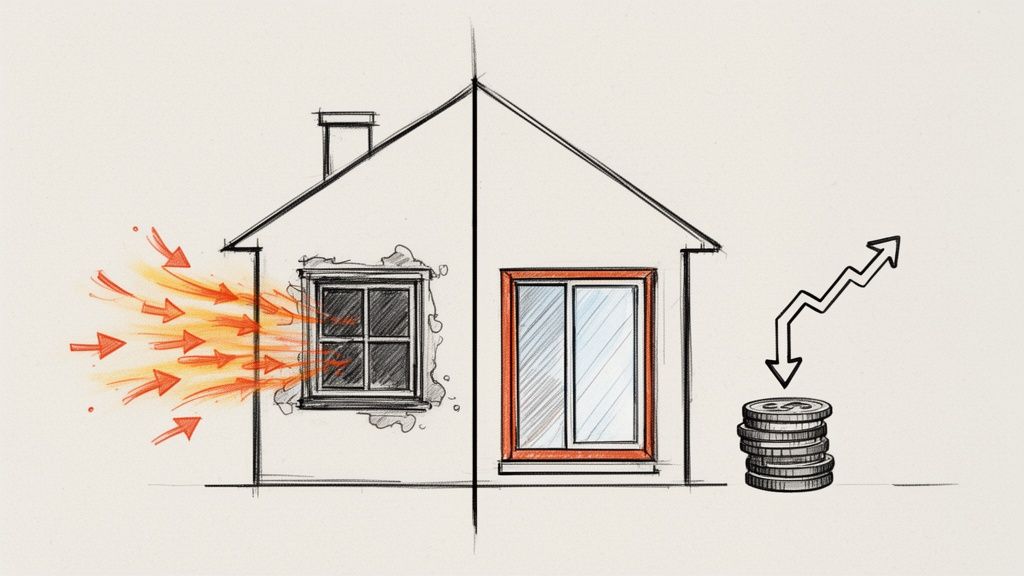 Illustration af et hus med gamle utætte vinduer og nye energieffektive vinduer, der viser varmetab og besparelser.