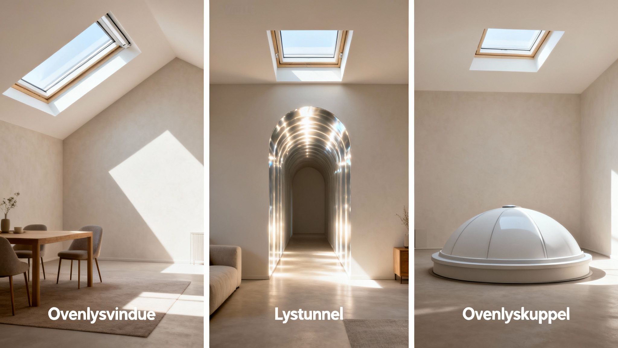 Tre billeder viser Velux ovenlysvindue, lystunnel og ovenlyskuppel, der bringer naturligt lys ind.