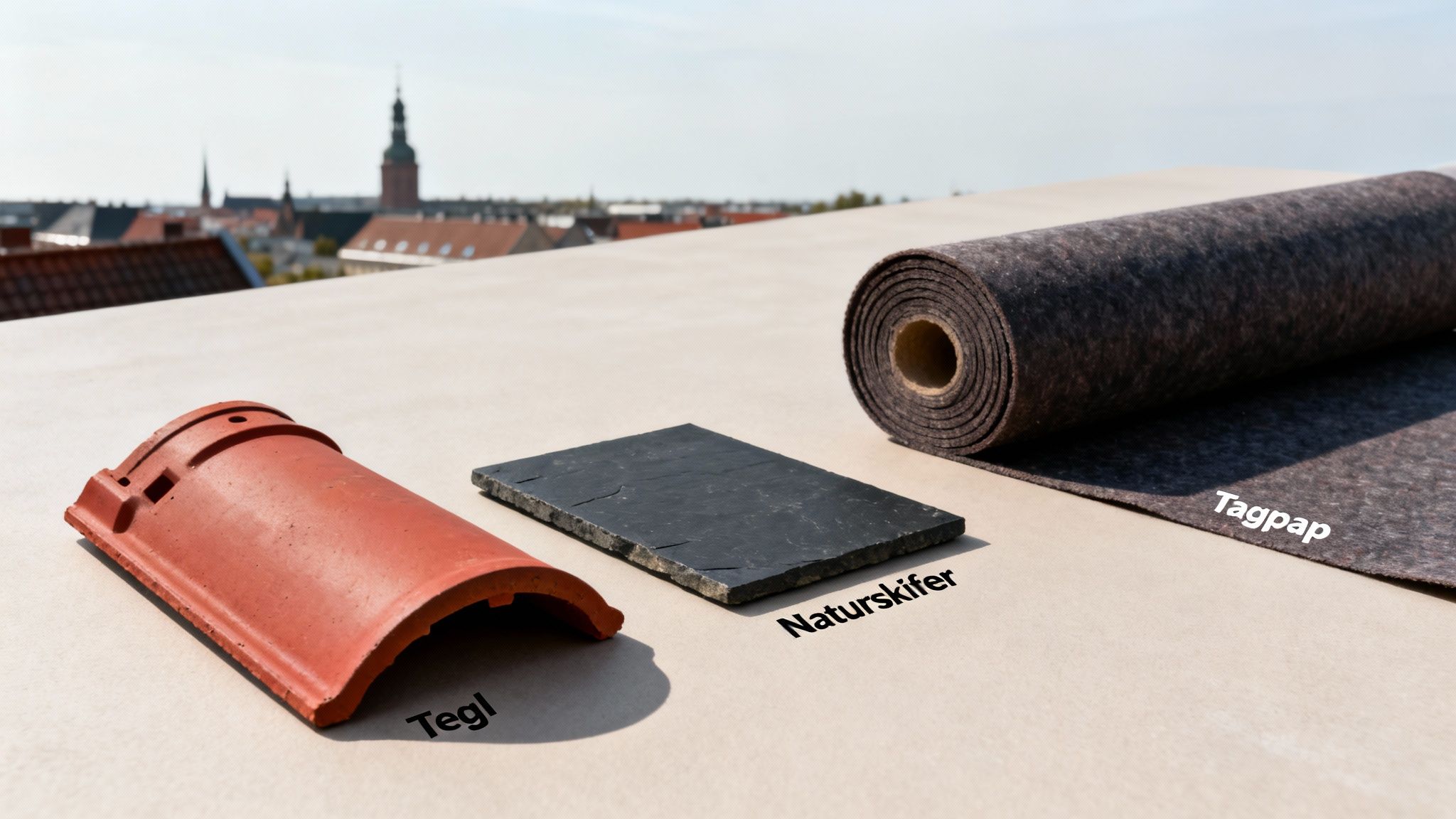 Forskellige tagmaterialer, inklusiv tegl, naturskifer og tagpap, udstillet på et fladt tag med byudsigt.