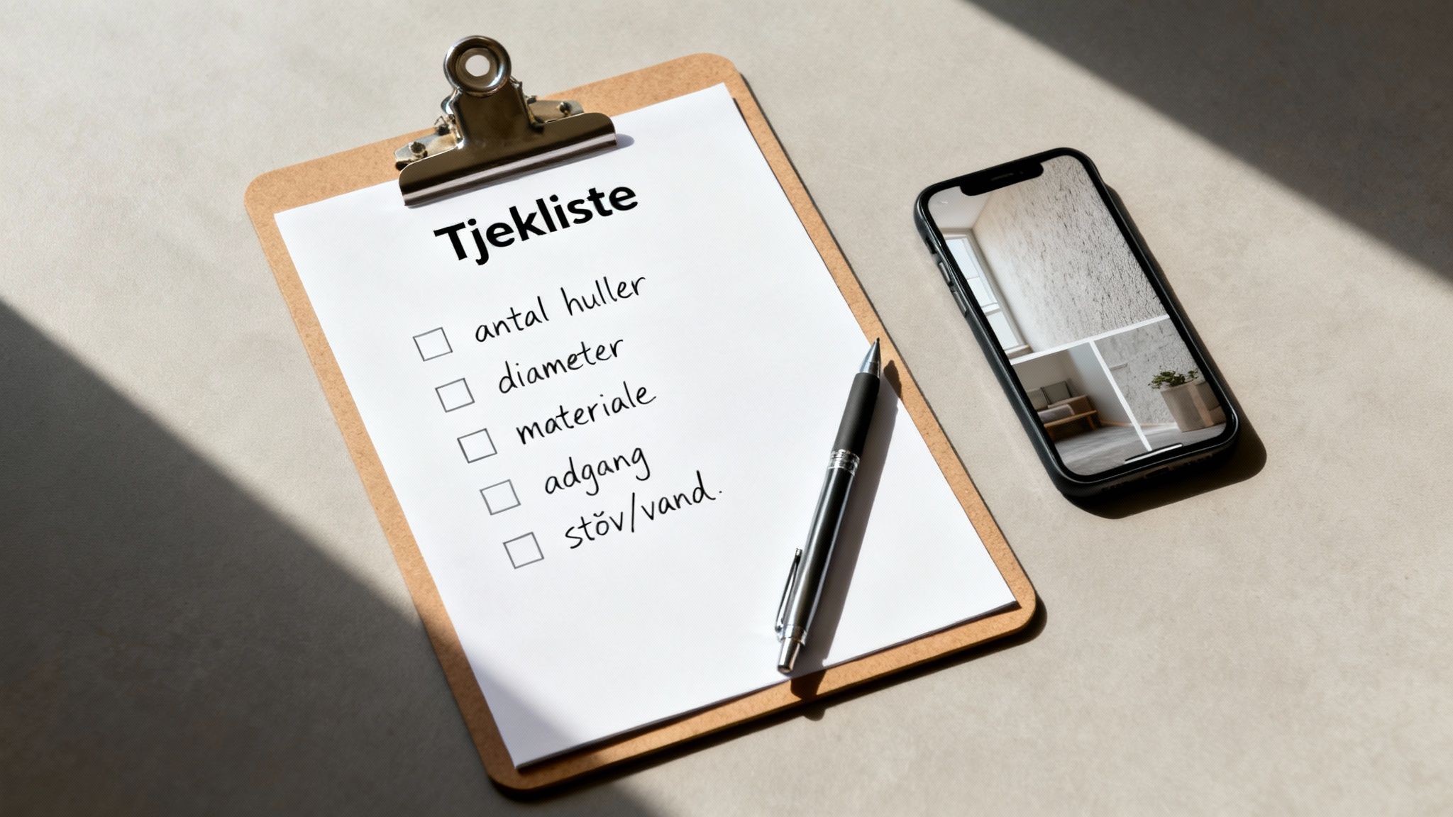 En tjekliste på en clipboard foran en byggeplads