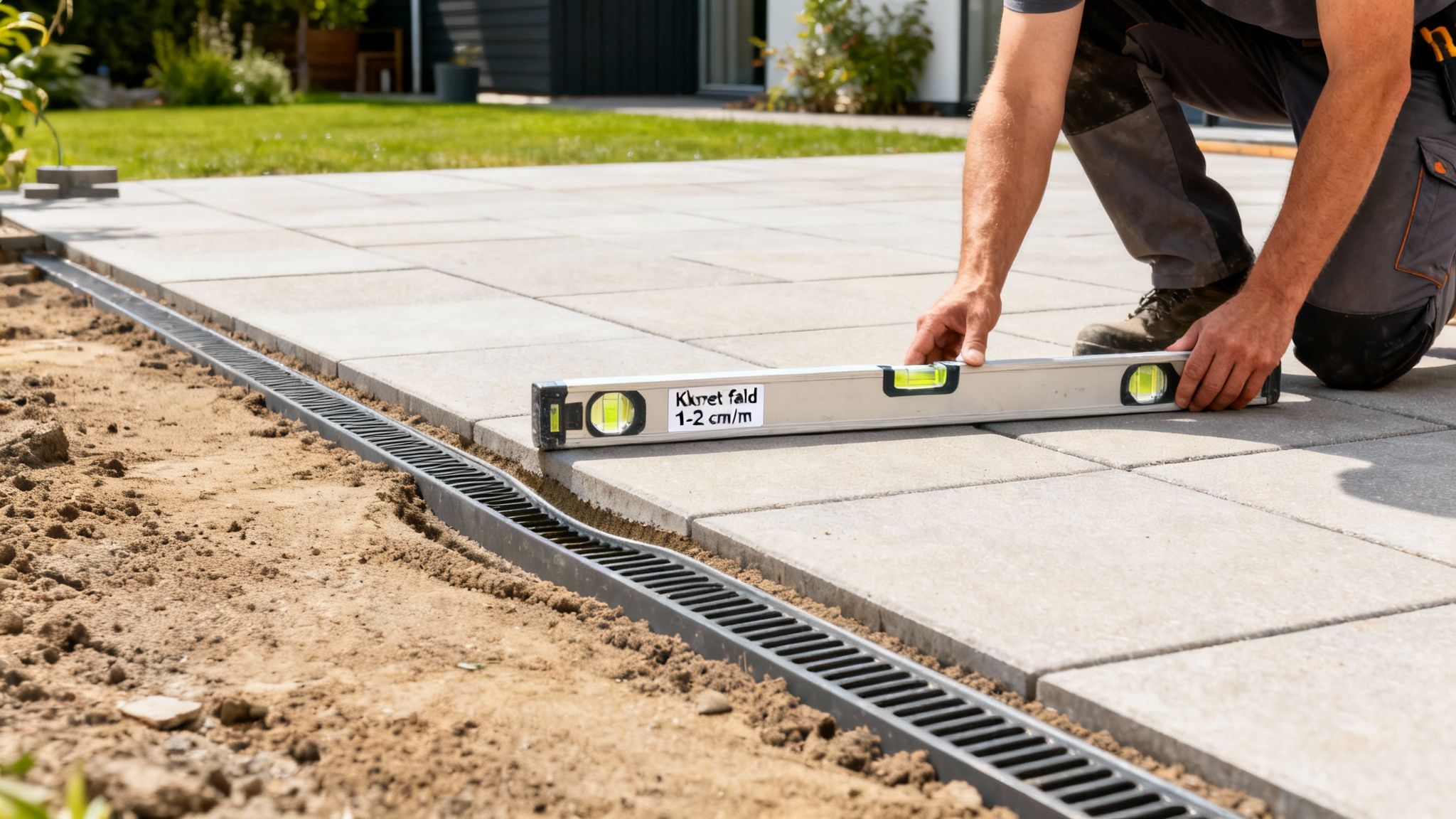 En person anlægger en terrasse med fliser og bruger et vaterpas ved siden af en drænfure.