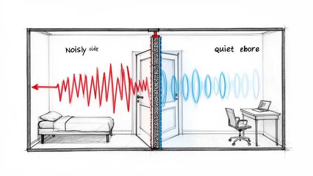 Tegning viser lydisolering mellem et støjende soveværelse og et roligt kontor med en lyddæmpende dør.