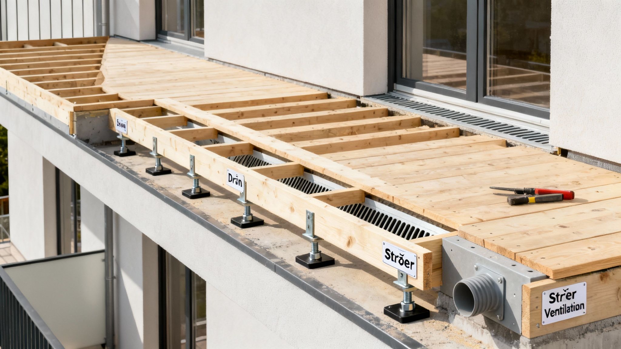 Konstruktion af en træterrasse på en altan med synlige bjælker, justerbare fødder og drænsystem. Delvist lagt trægulv.