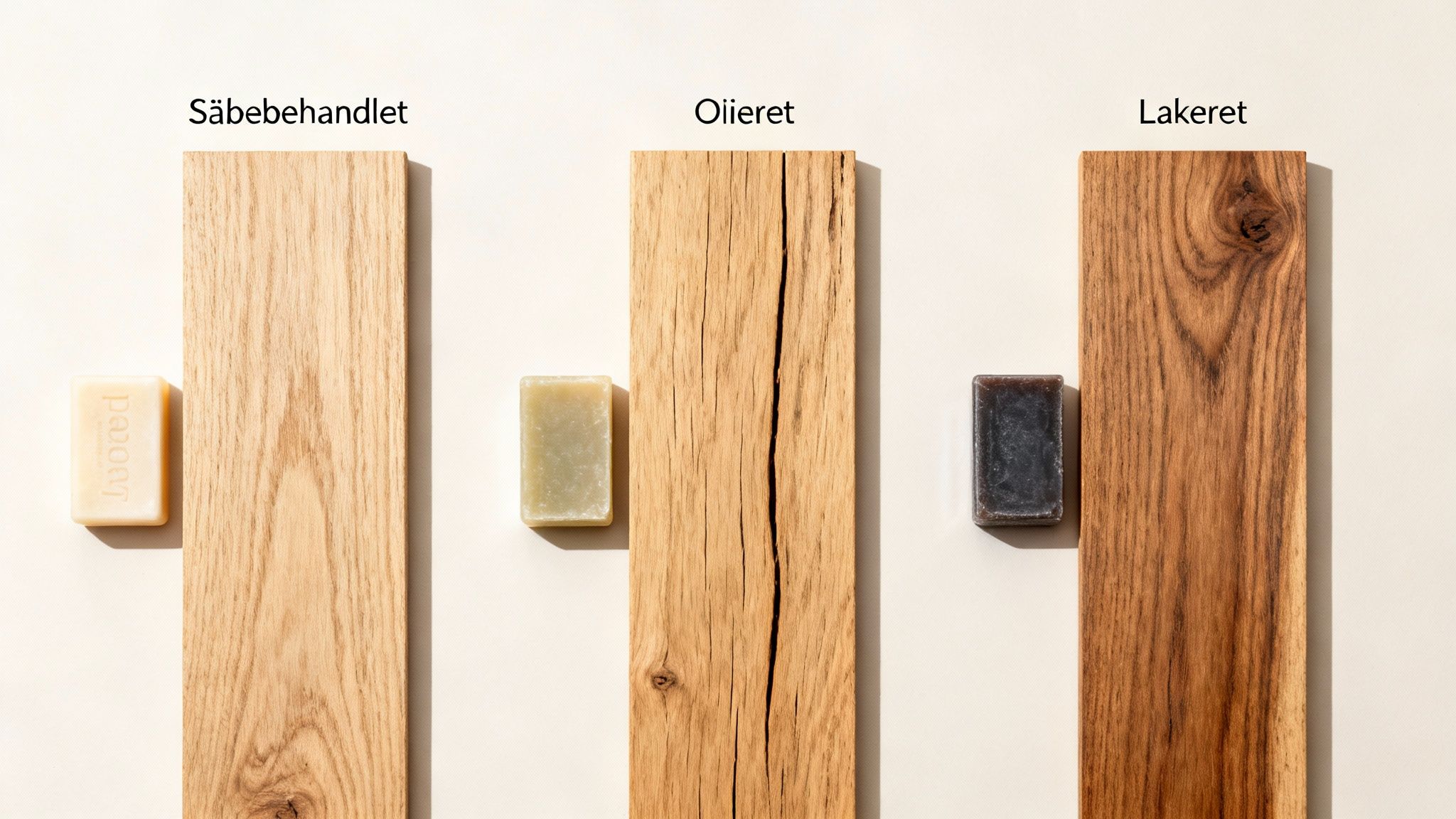 Billedet viser sæbebehandlet, olieret og lakeret træ med matchende sæbestykker.