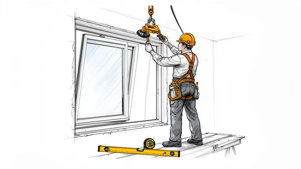 En bygningsarbejder installerer et vindue med et hejseværk, iført sikkerhedsudstyr og stående på et stillads.