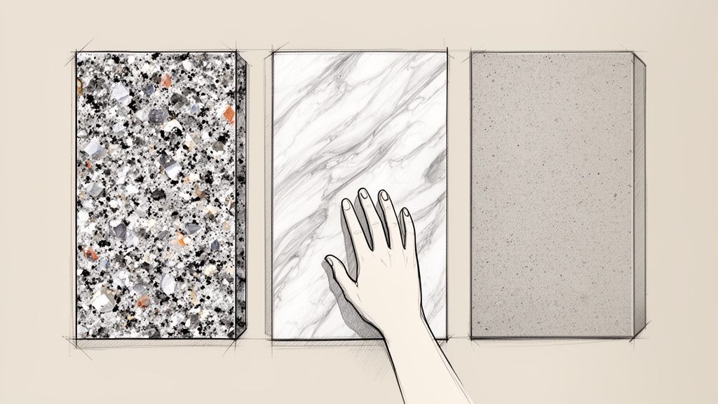 Tre stenbordpladeprøver: terrazzo, marmor og grå, hvor en hånd rører marmoren og fremhæver teksturer.