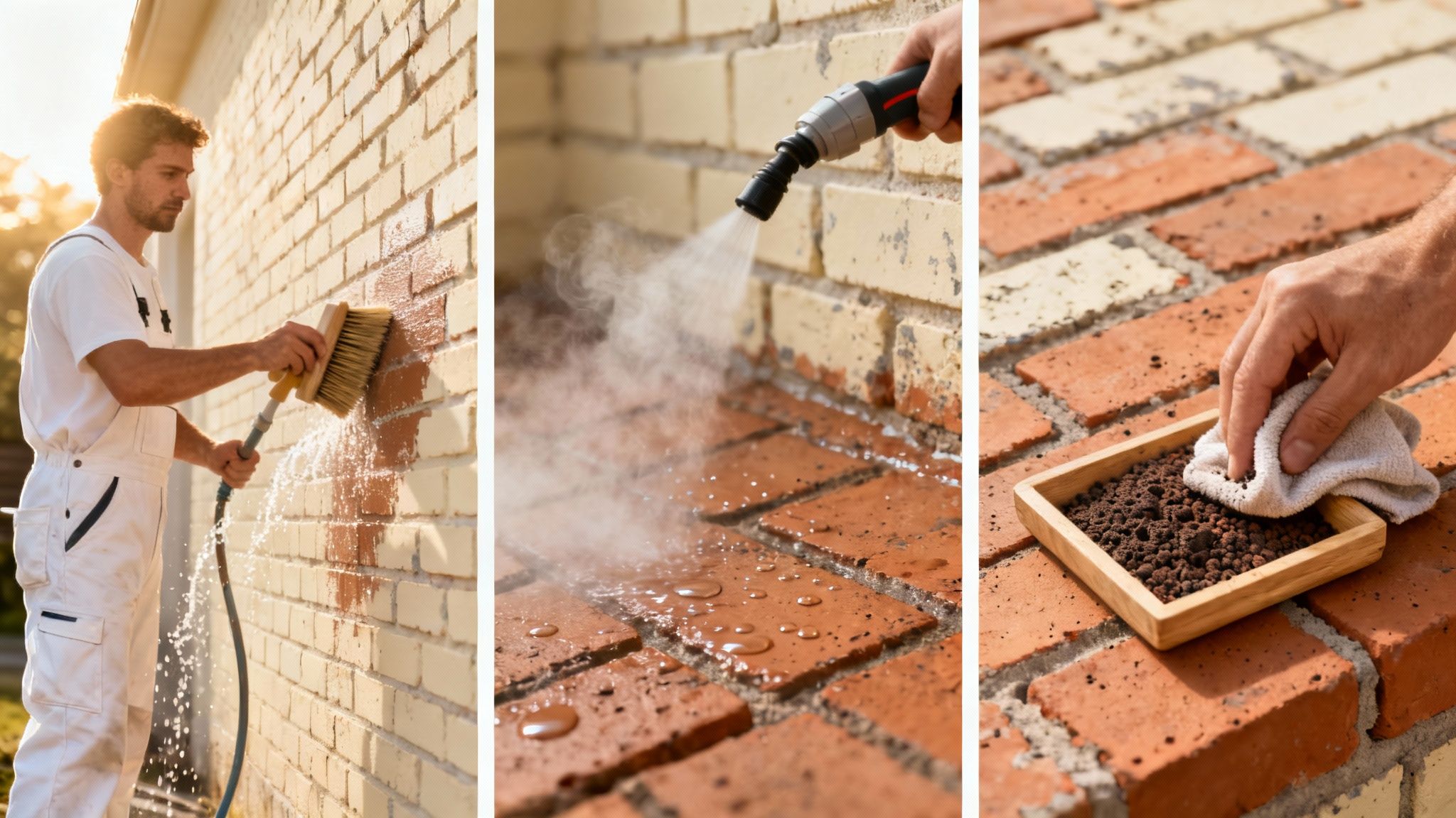 Billeder af murværksrensning: en mand afsyre en væg, højtryksrensning af fliser og aftørring af mursten.
