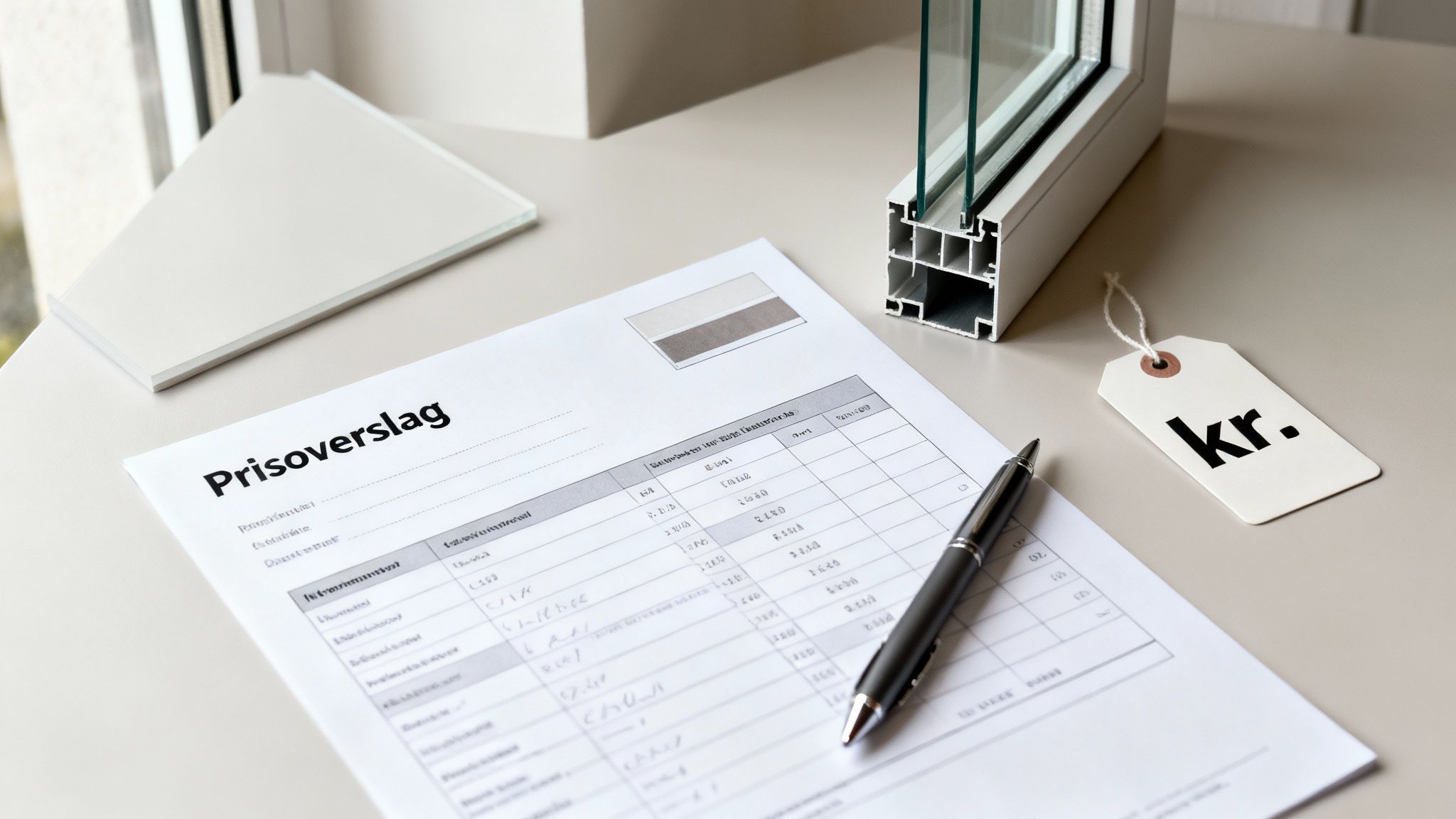 Prisoverslag for vinduesudskiftning med pen, vinduesprofil og prislabel med kr.-symbolet.