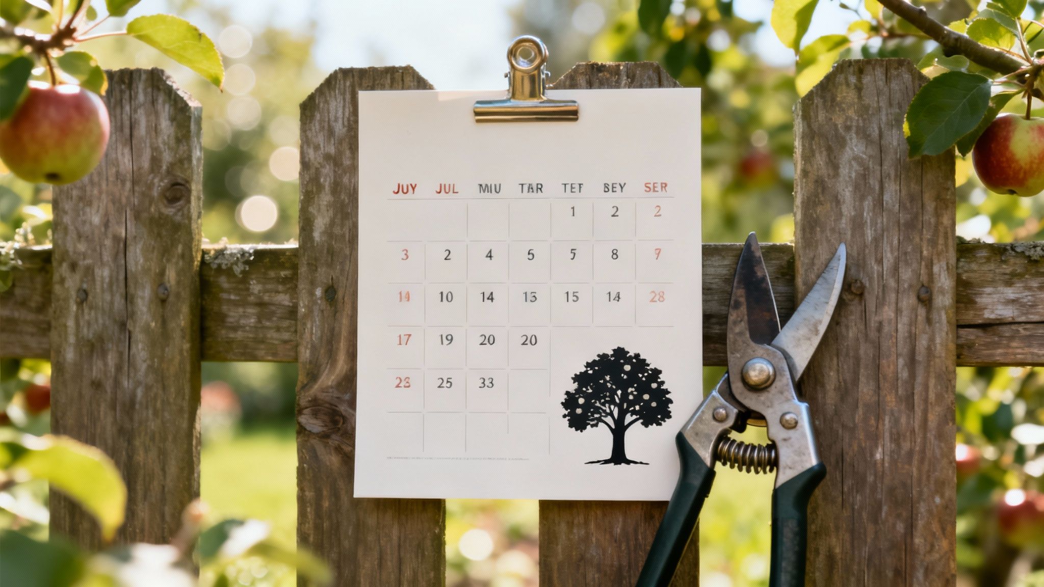 En person bruger en stangsav til at beskære et æbletræ, hvilket følger en måned-for-måned kalender.