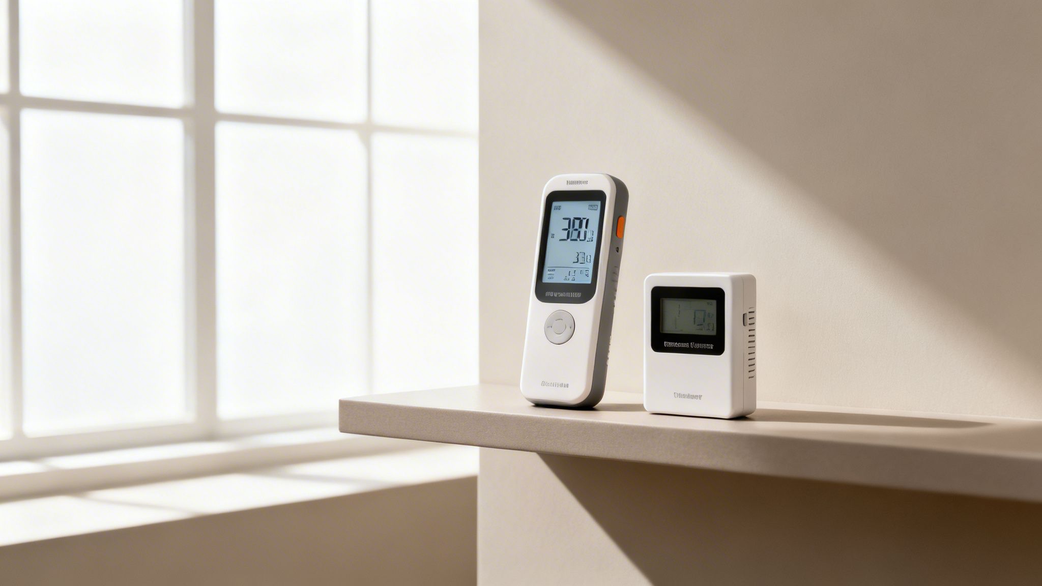 To hvide og grå indeklima-målere står på en lys hylde foran et vindue med gitter og blødt dagslys.