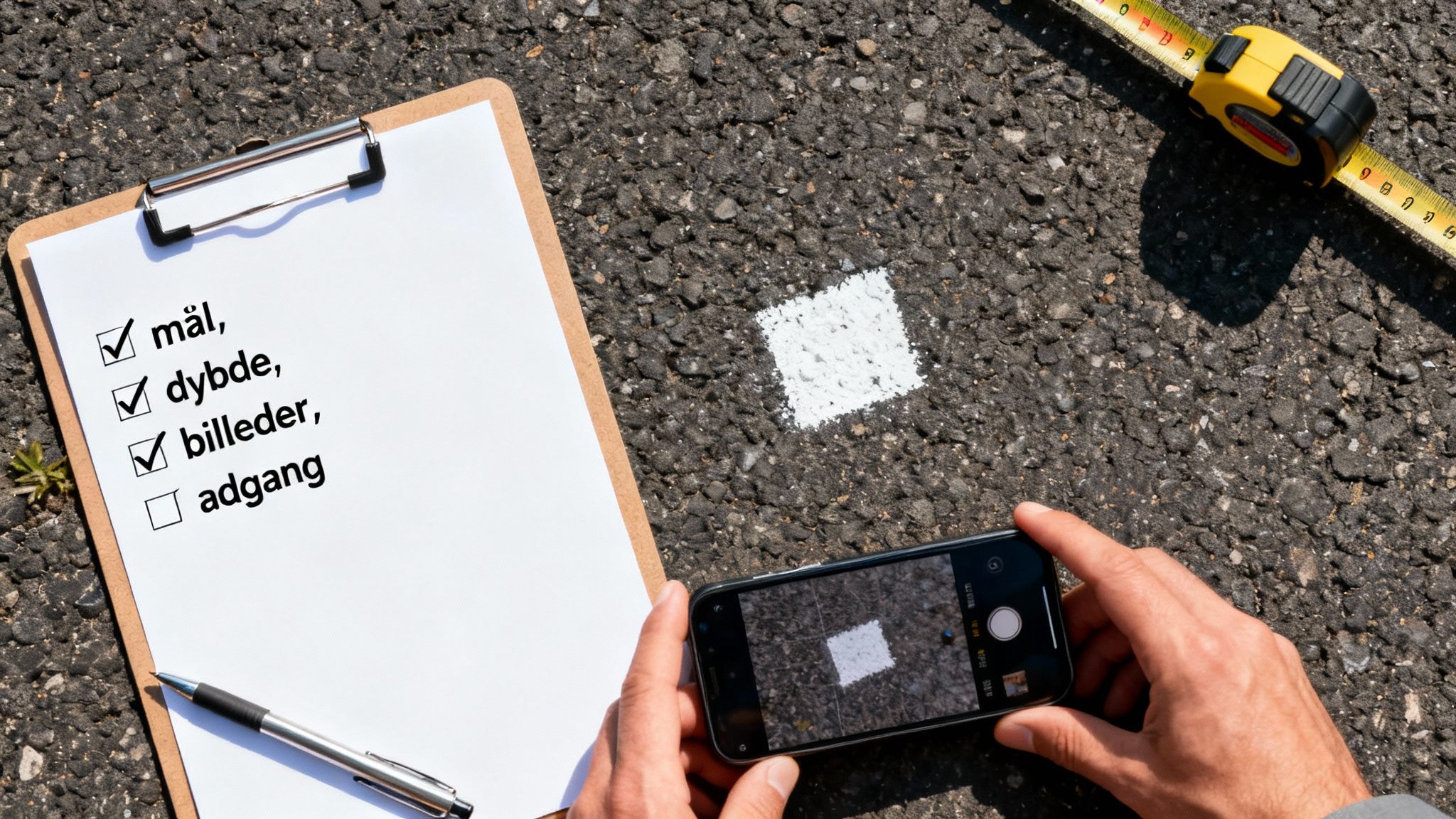 En person, der måler en asfaltvej for at forberede et tilbud på asfaltskæring