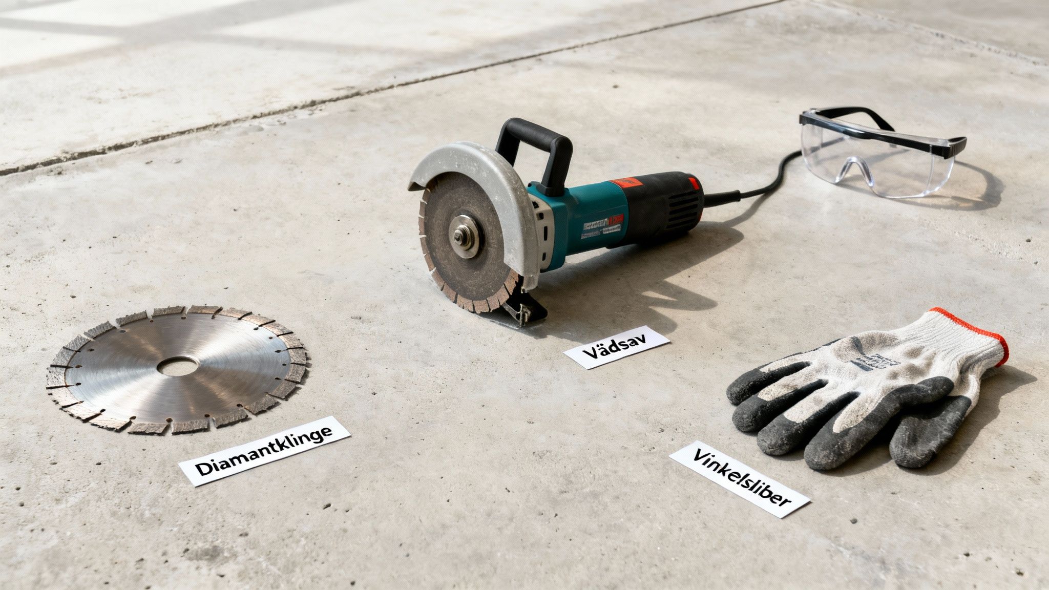 Et udvalg af værktøjer til betonskæring, inklusiv en vådsav, diamantklinge, handsker og sikkerhedsbriller.