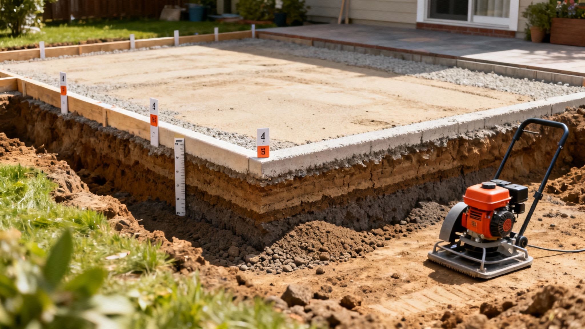Et fundament til fliselægning med synlige jordlag og en pladevibrator på byggepladsen.