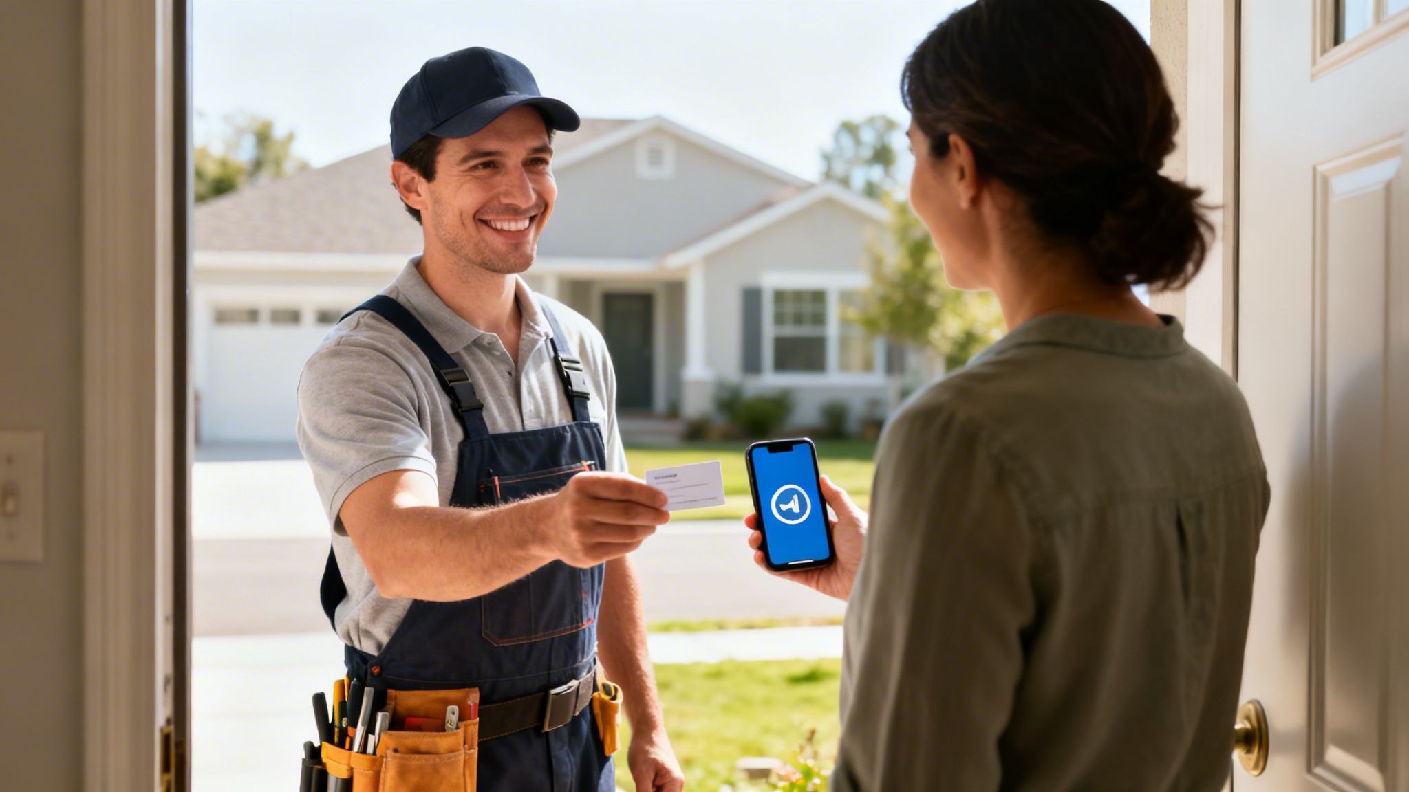 En smilende servicemedarbejder rækker et visitkort til en kvinde, der holder en smartphone med en app åben ved en hoveddør.