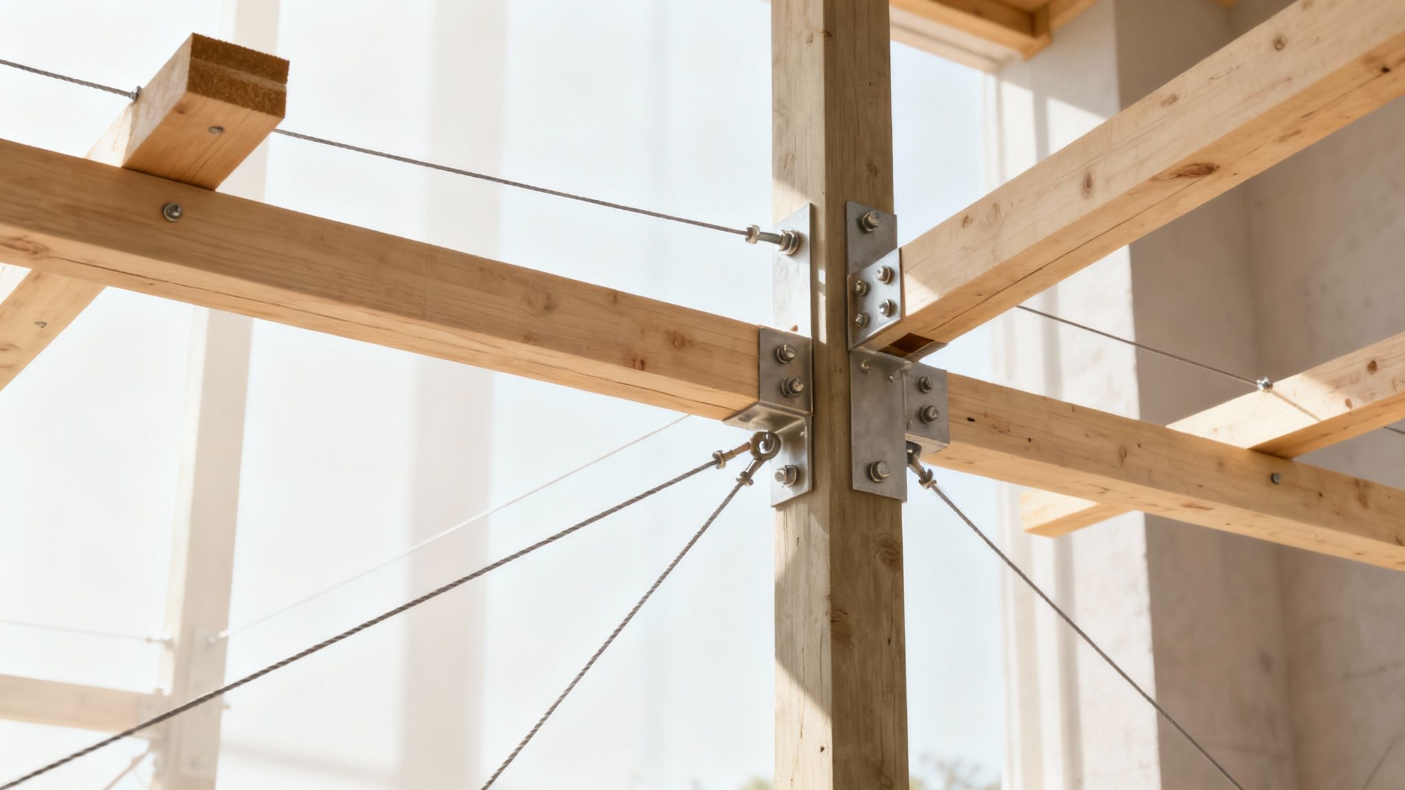 Opbygning af skelettet til en træterrasse på stolper, som viser remme og strøer.