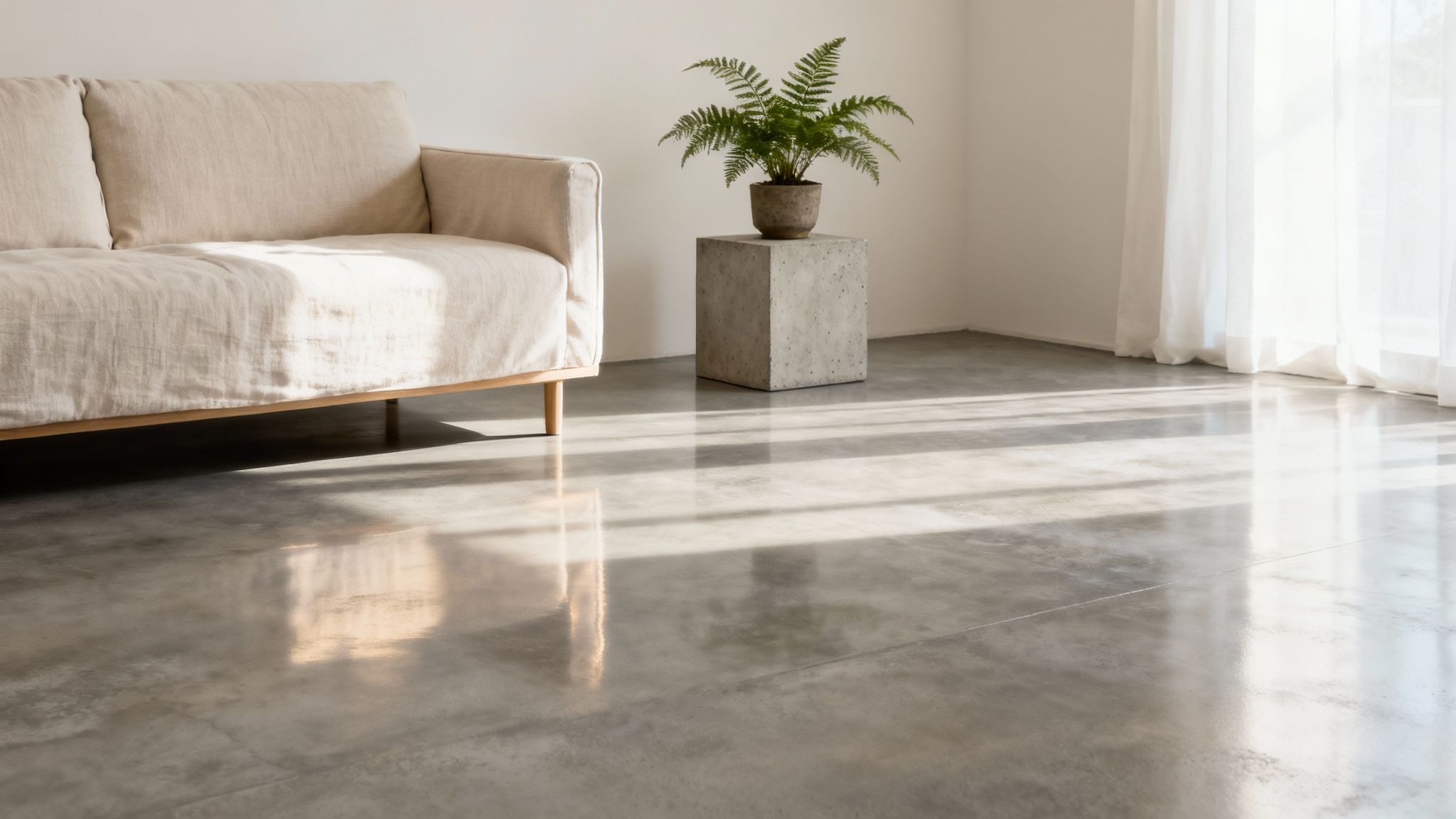 Poleret betongulv i moderne minimalistisk stue med beige sofa og grøn plante