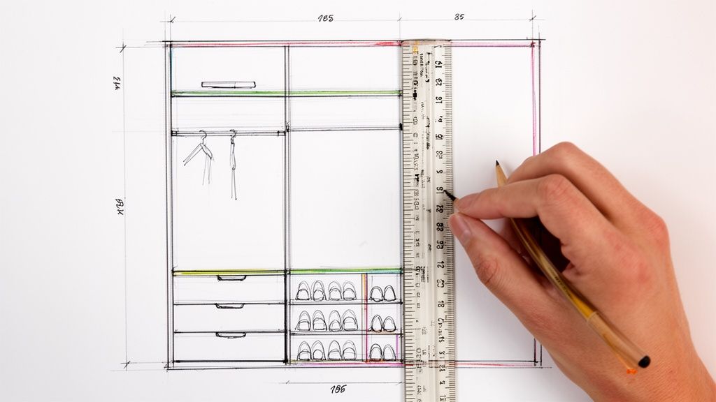 En hånd tegner en detaljeret skitse af et walk-in-closet med lineal og blyant, inklusive mål.