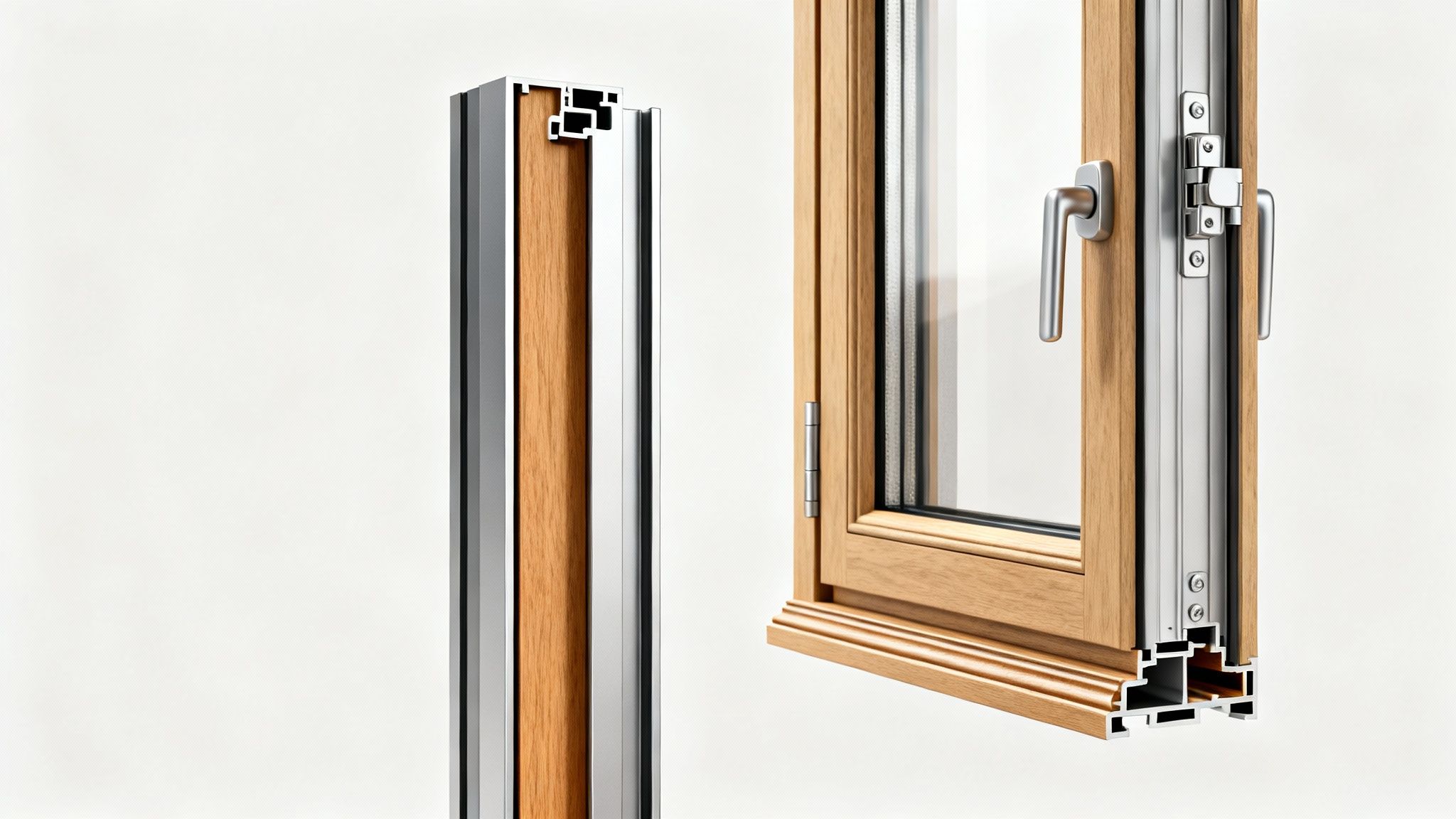 Nærbillede af et vinduesramme-tværsnit, der viser træ- og aluminiumsprofiler samt vinduesbeslag og håndtag. Detaljeret konstruktion af et moderne vindue.
