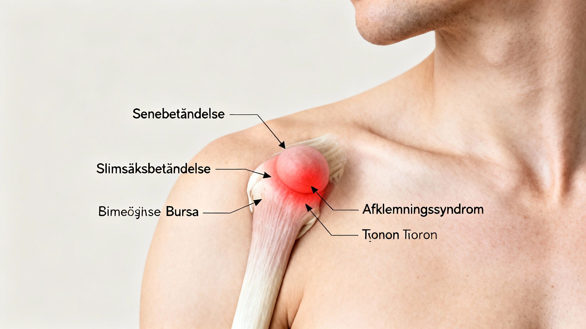 Illustration af en betændt skulder, der viser senebetændelse, slimsäcksbetændelse og afklemmningssyndrom.